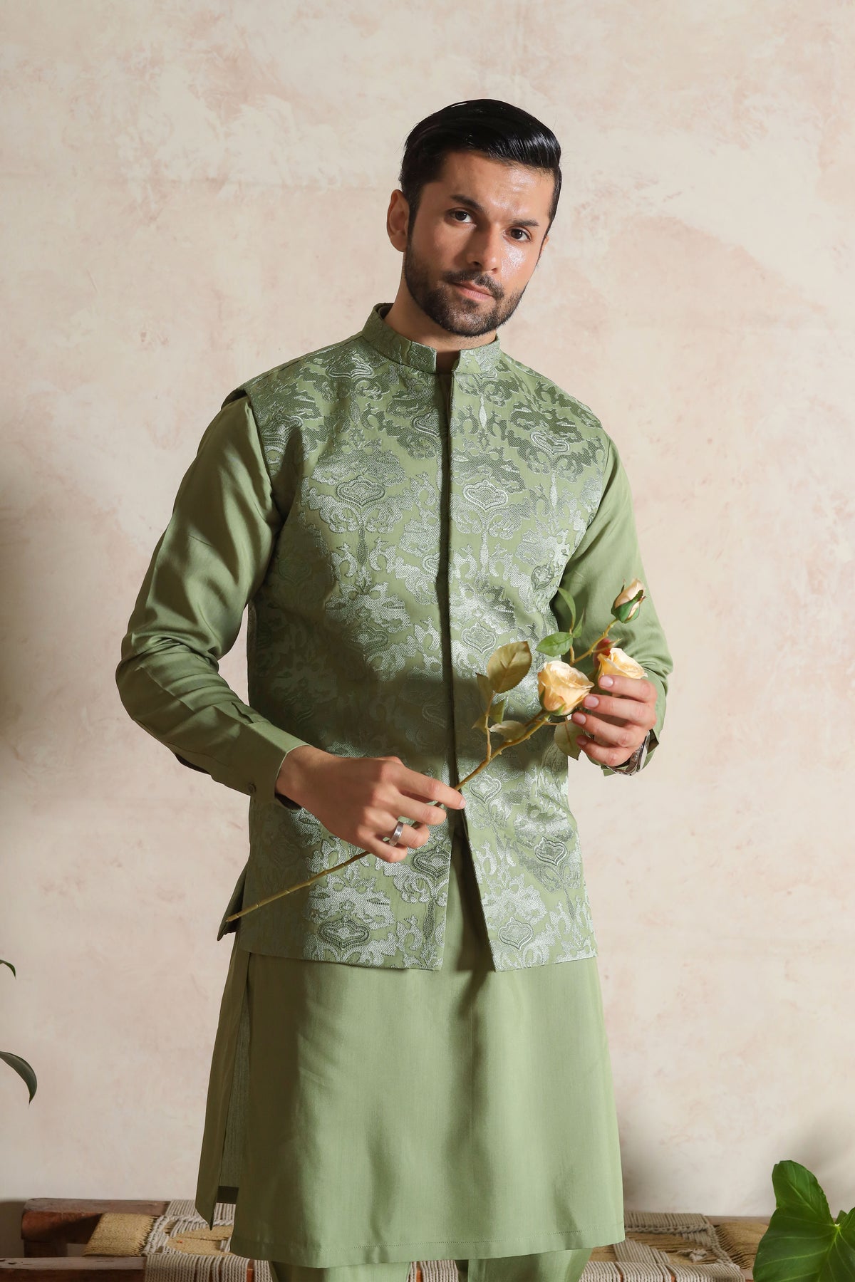 Sage Green Embroidered Waistcoat with Kurta Trouser - Men
