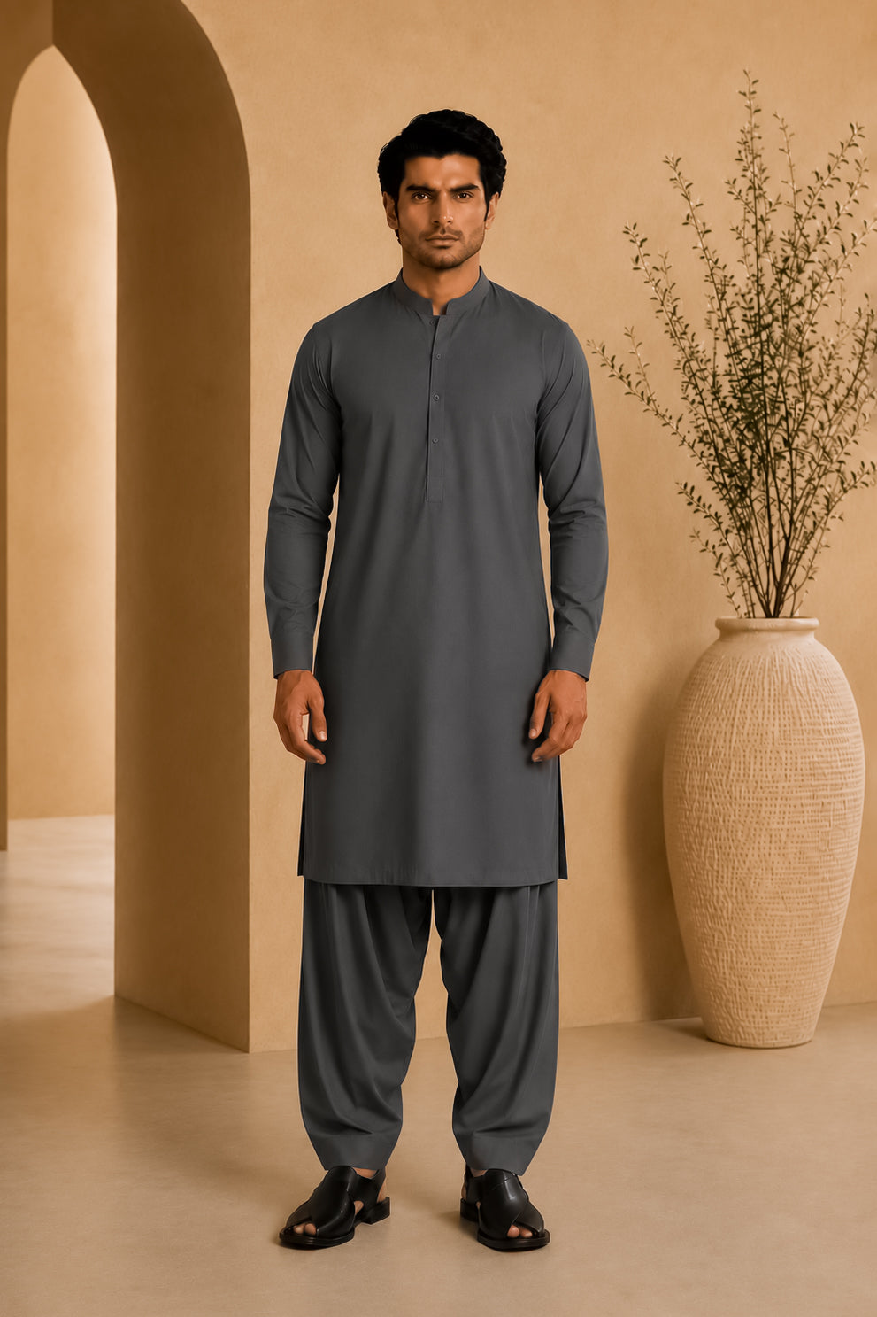 Gray Blended Kameez Shalwar - Men