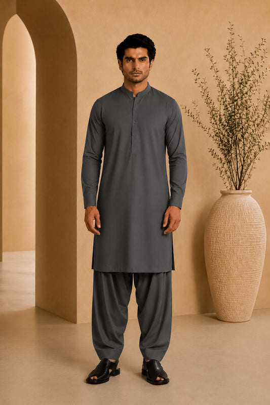 Gray Blended Kameez Shalwar - Men