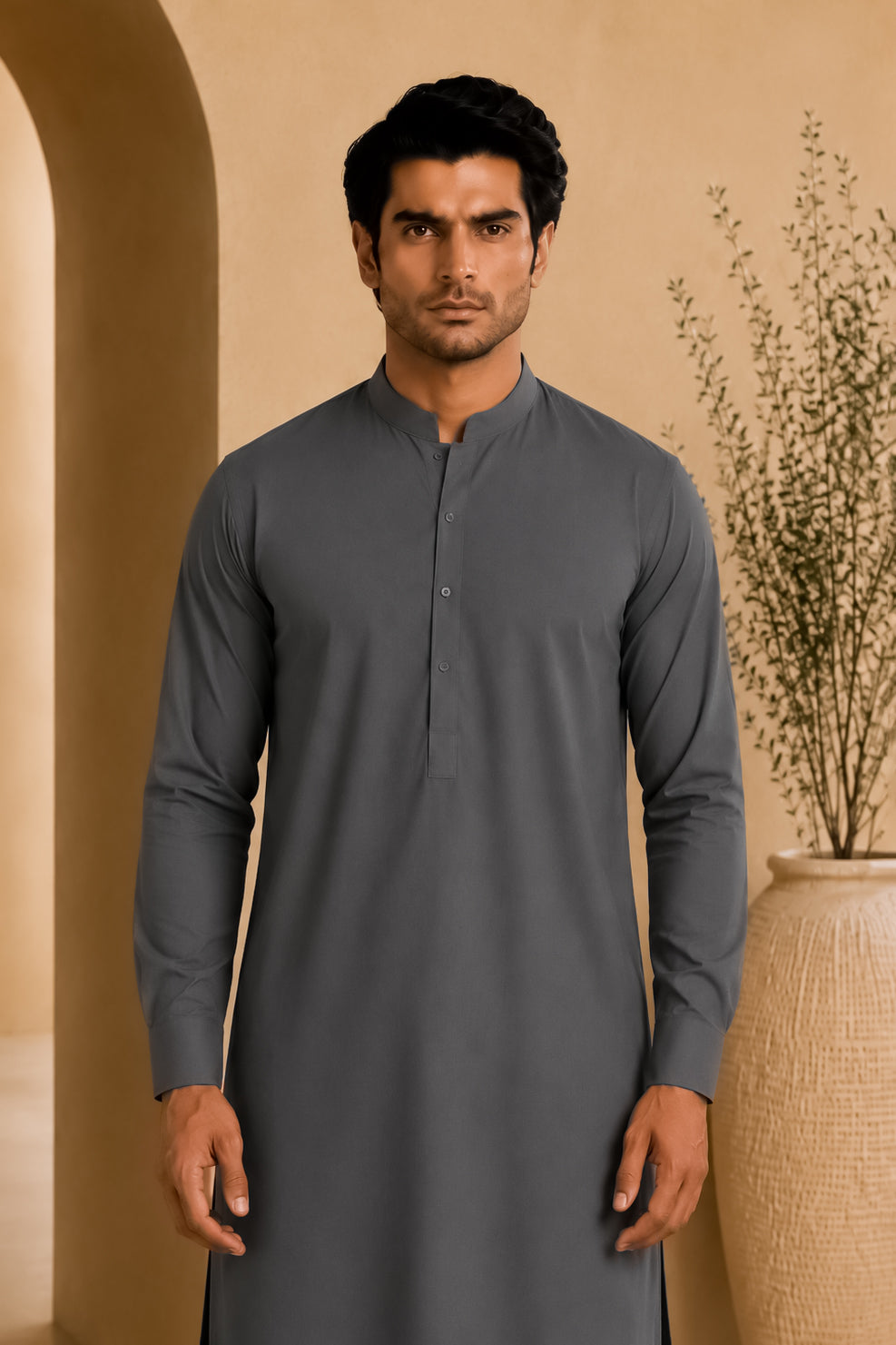 Gray Blended Kameez Shalwar - Men