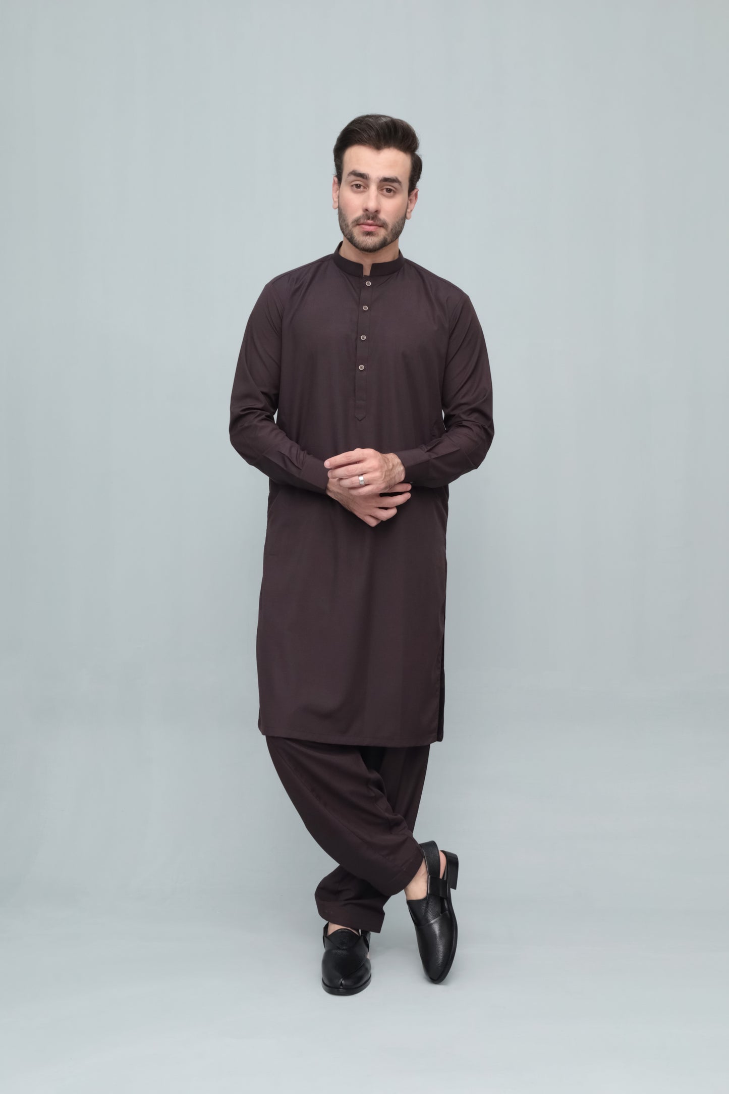 Chocolate Brown Blended Kameez Shalwar- Men