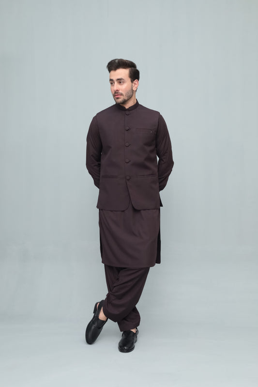 Chocolate Brown With Blended Waistcoat - Round Cut & Matching Fabric Buttons - Men