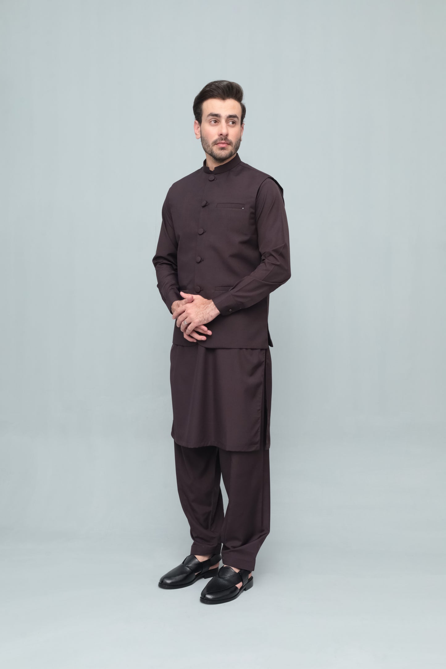 Chocolate Brown With Blended Waistcoat - Round Cut & Matching Fabric Buttons - Men