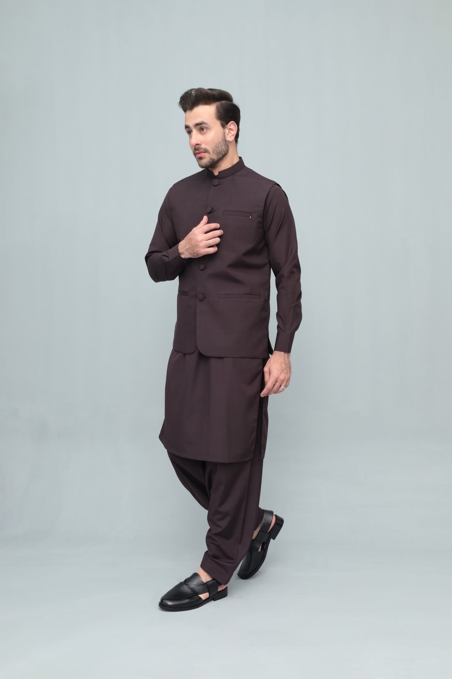 Chocolate Brown With Blended Waistcoat - Round Cut & Matching Fabric Buttons - Men