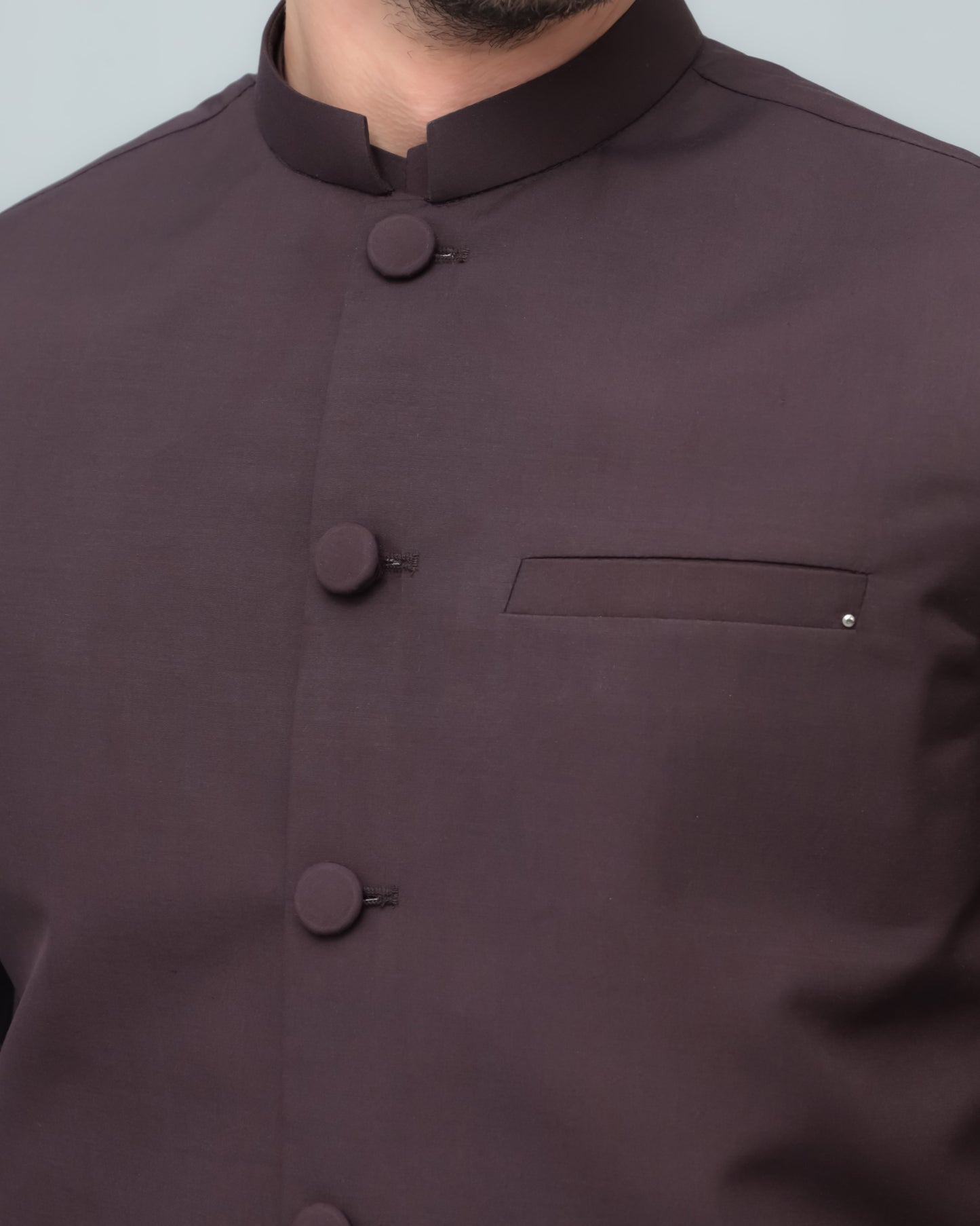 Chocolate Brown Blended Waistcoat - Round Cut & Matching Fabric Buttons - Men