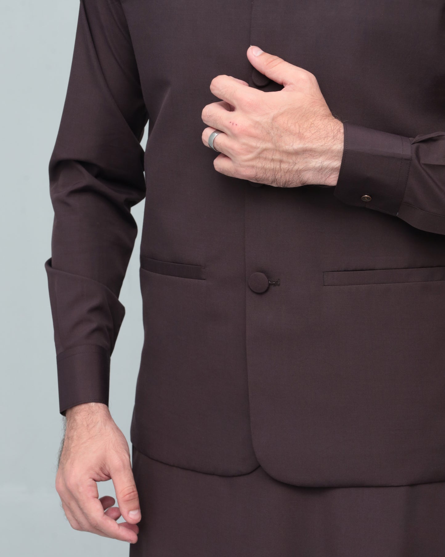 Chocolate Brown Blended Waistcoat - Round Cut & Matching Fabric Buttons - Men
