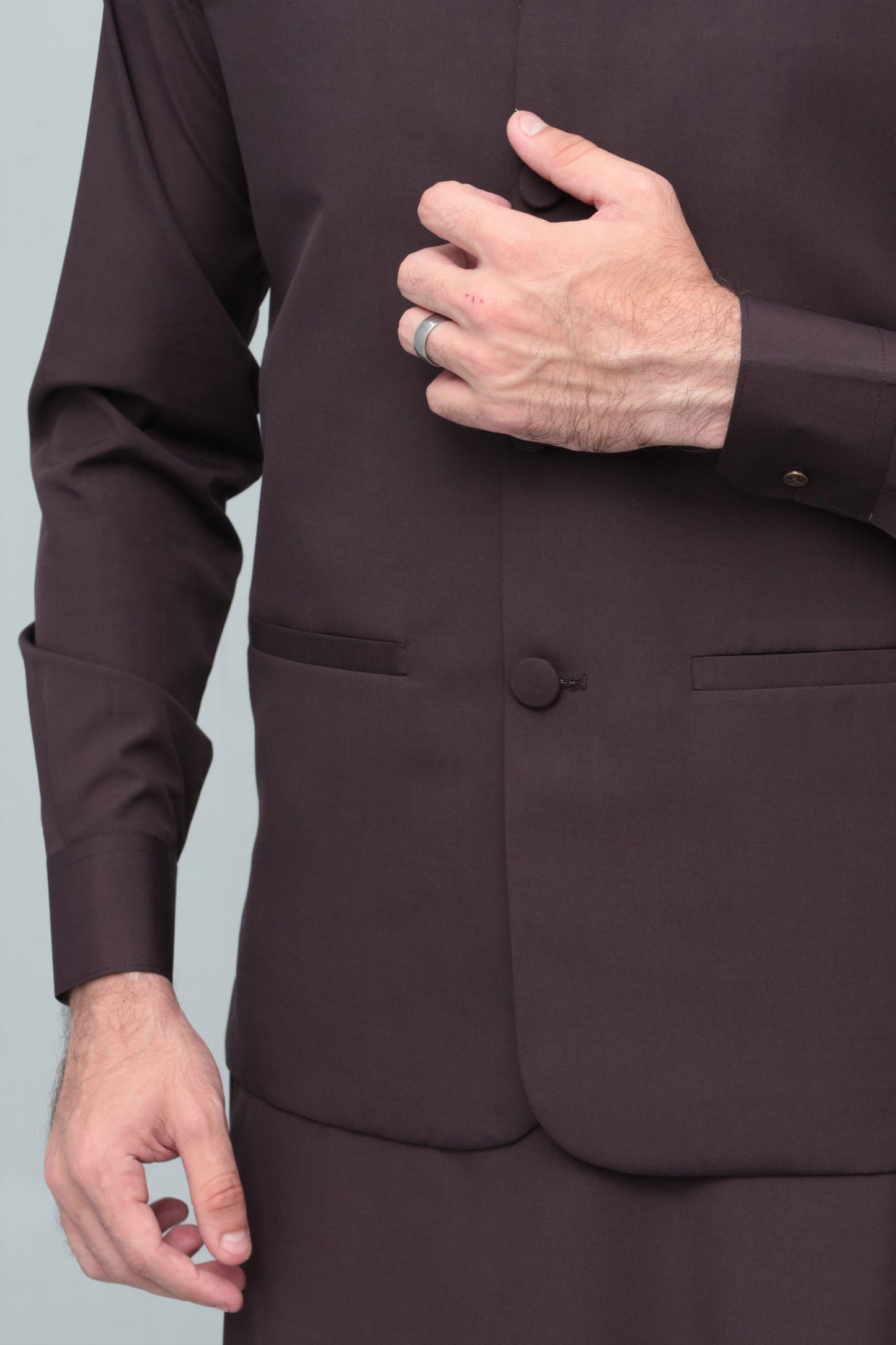 Chocolate Brown With Blended Waistcoat - Round Cut & Matching Fabric Buttons - Men