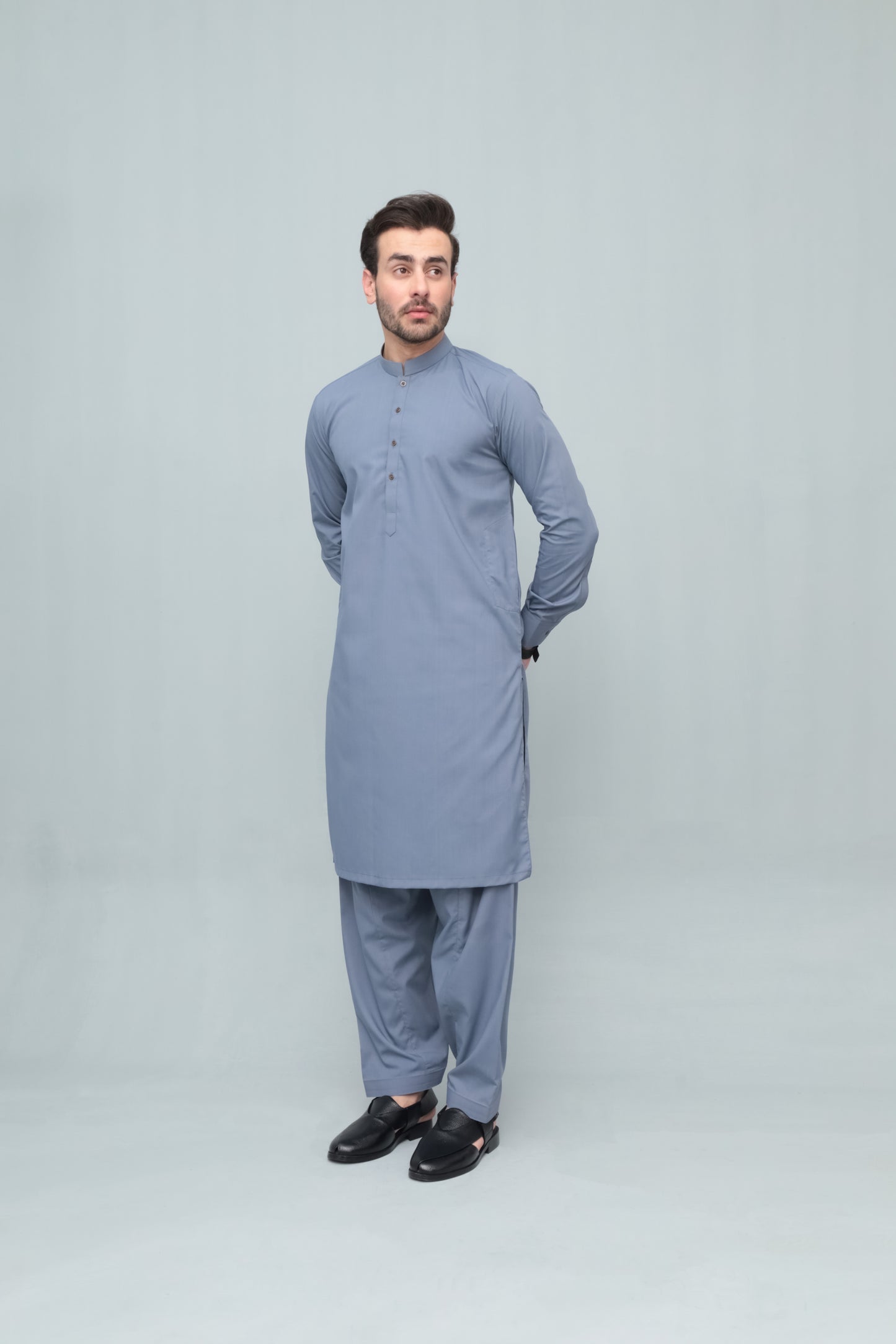 Bluish Gray Blended Kameez Shalwar- Men
