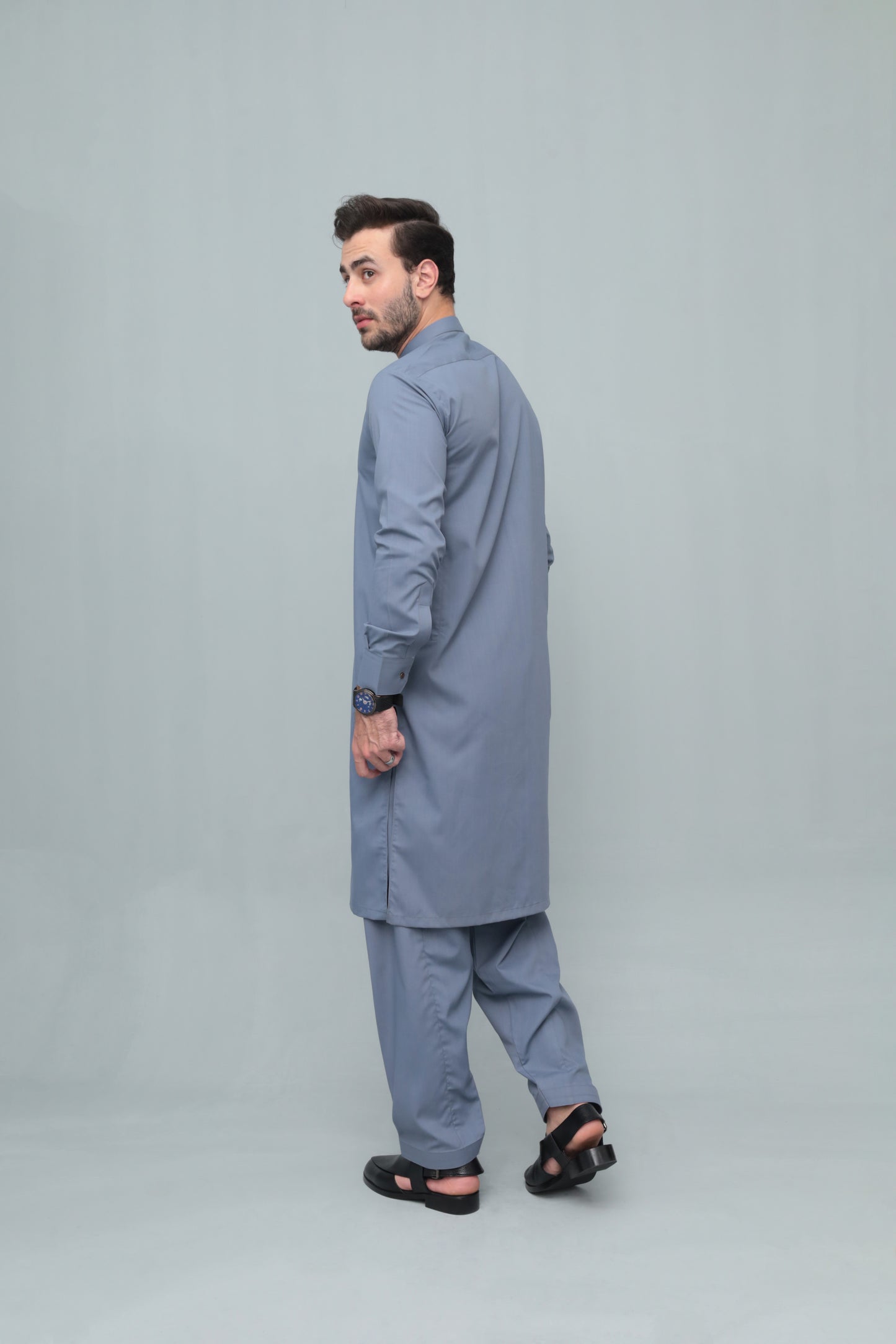 Bluish Gray Blended Kameez Shalwar- Men