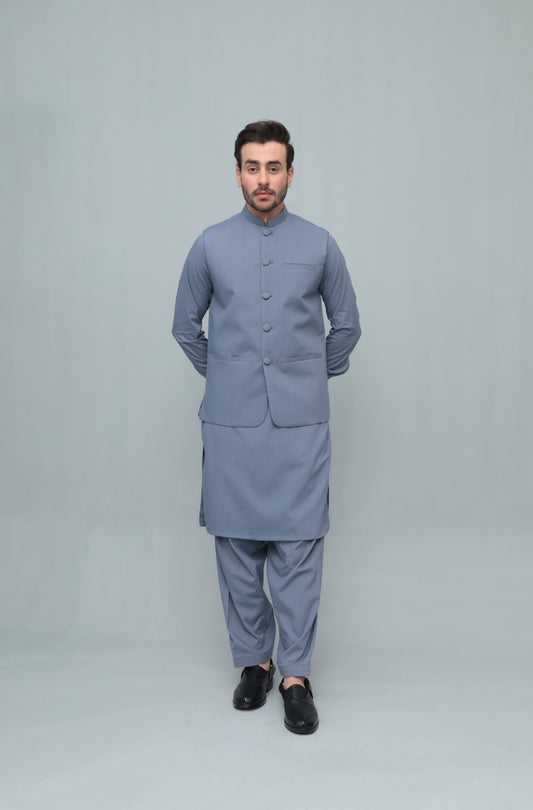 Bluish Gray With Blended Waistcoat - Round Cut & Matching Fabric Buttons - Men