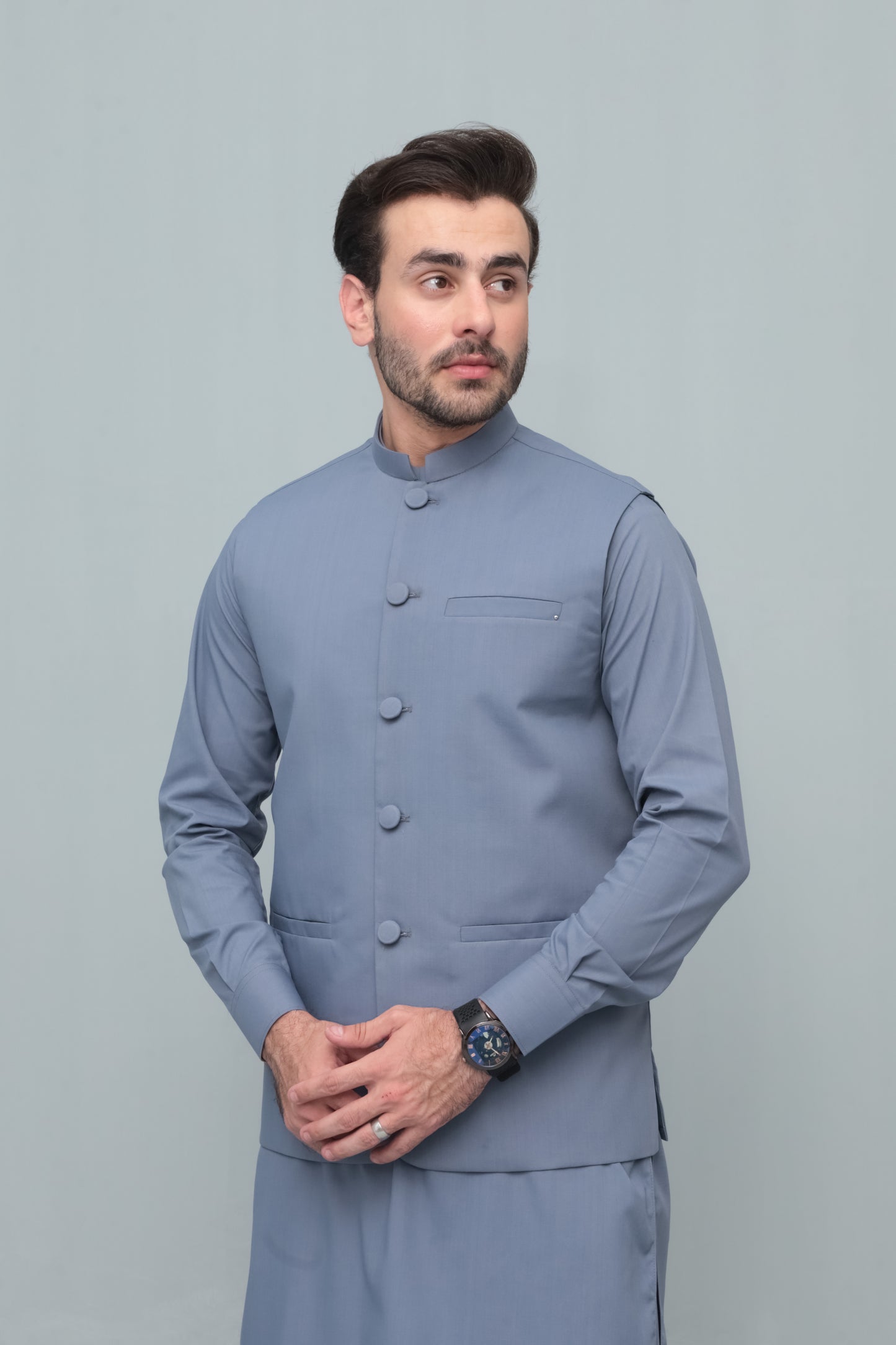 Bluish Gray With Blended Waistcoat - Round Cut & Matching Fabric Buttons - Men