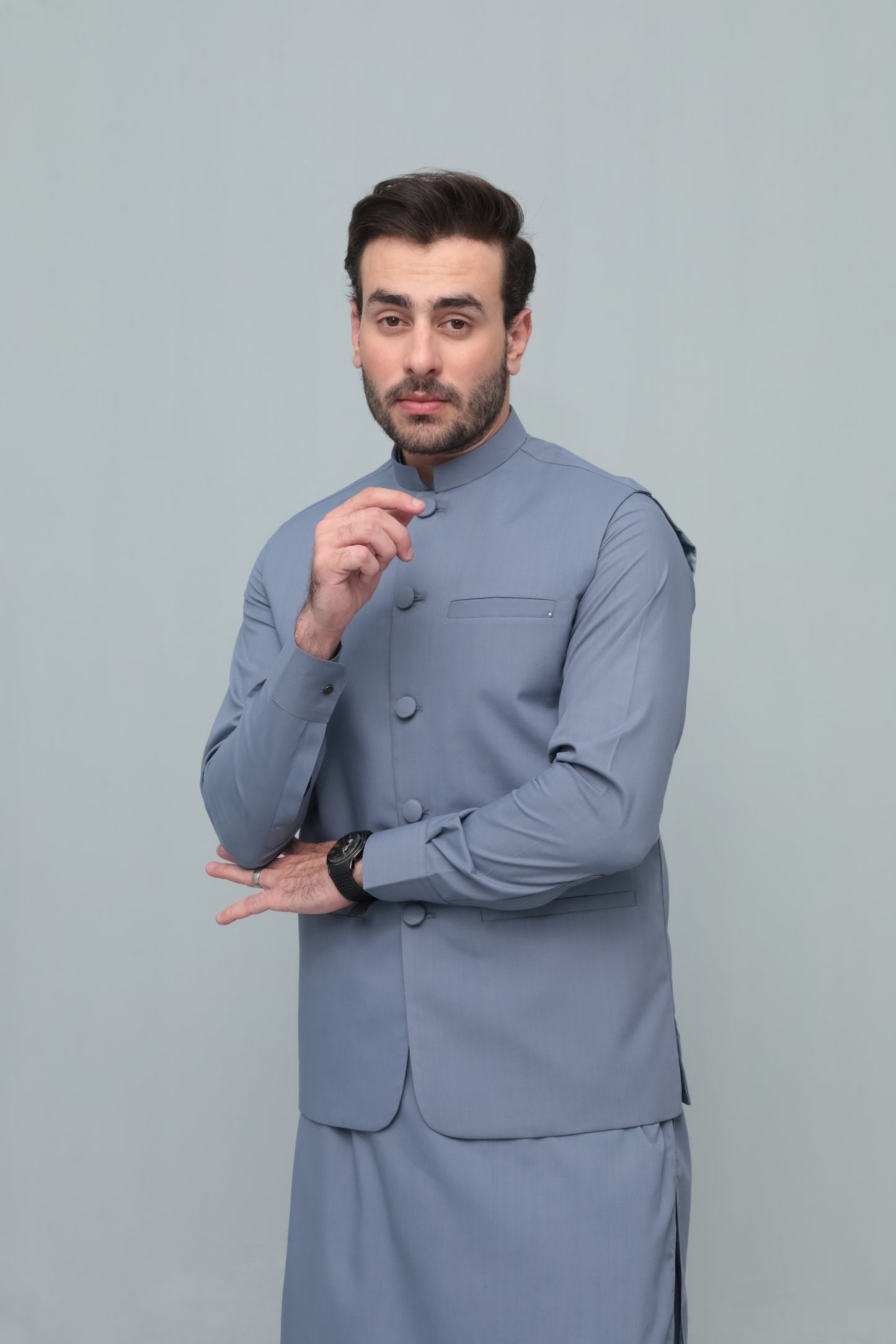 Bluish Gray With Blended Waistcoat - Round Cut & Matching Fabric Buttons - Men