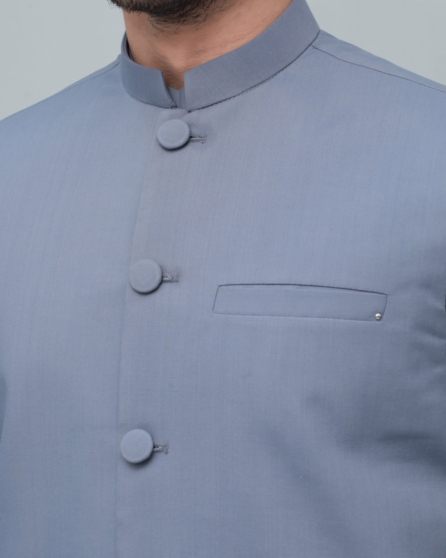 Bluish Gray Blended Waistcoat - Round Cut & Matching Fabric Buttons - Men