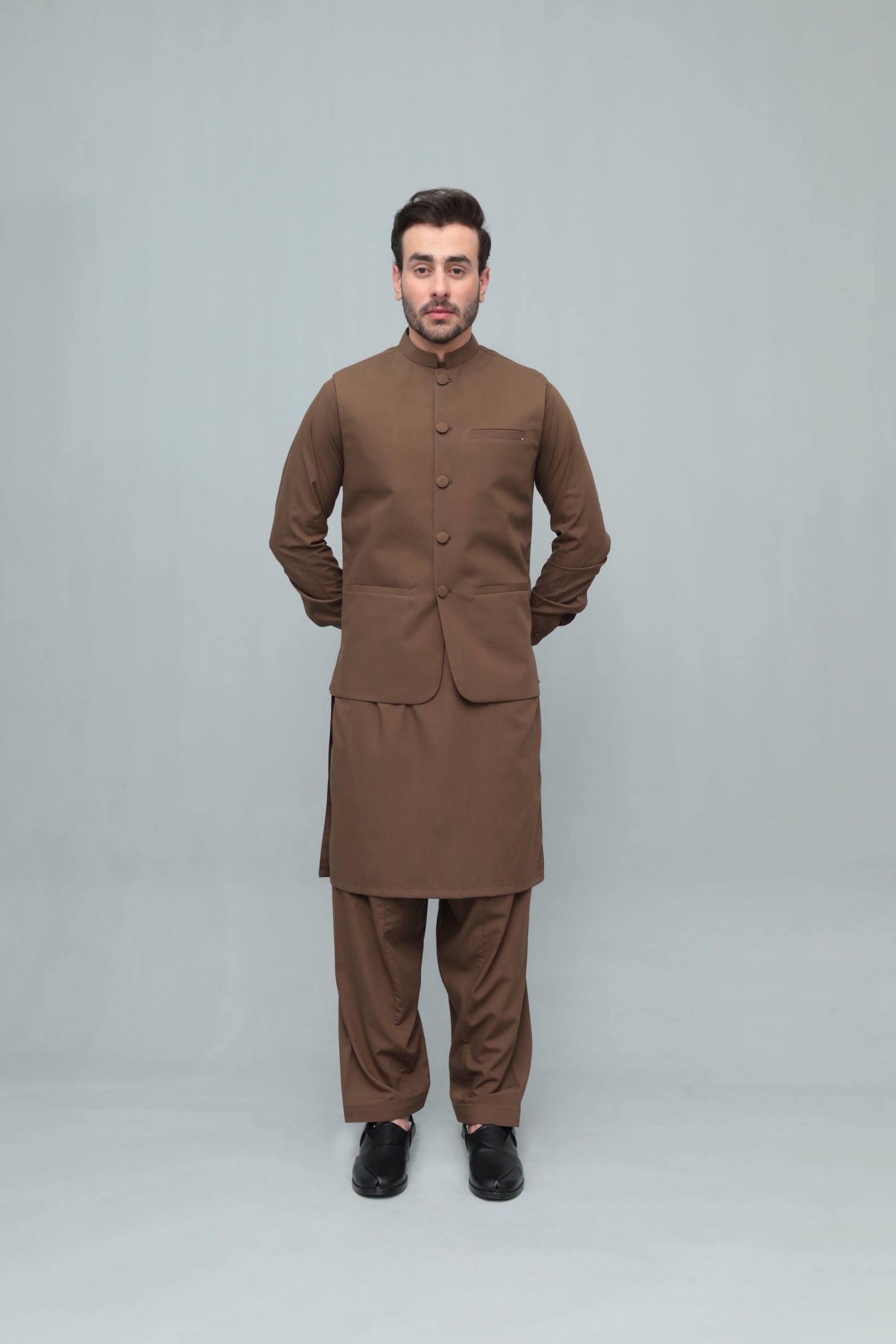 Coffee Brown With Blended Waistcoat - Round Cut & Matching Fabric Buttons - Men