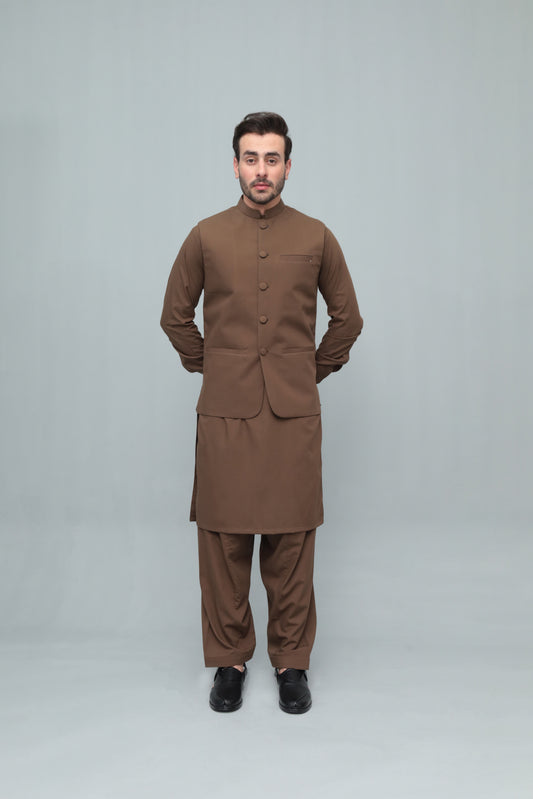 Coffee Brown With Blended Waistcoat - Round Cut & Matching Fabric Buttons - Men