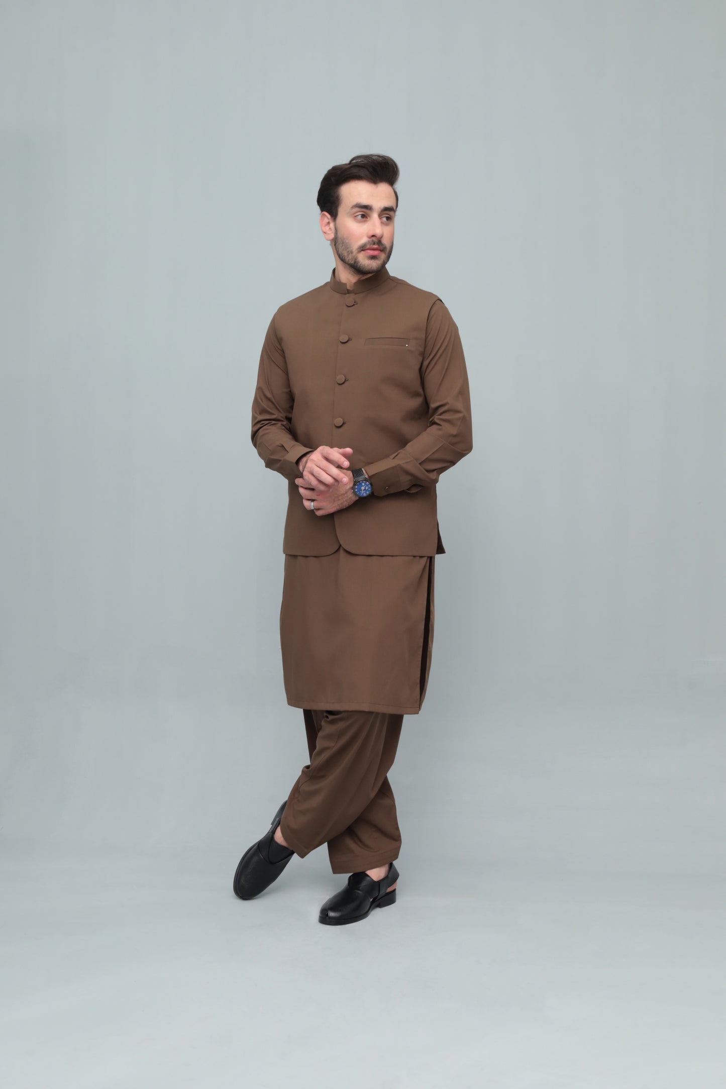 Coffee Brown With Blended Waistcoat - Round Cut & Matching Fabric Buttons - Men