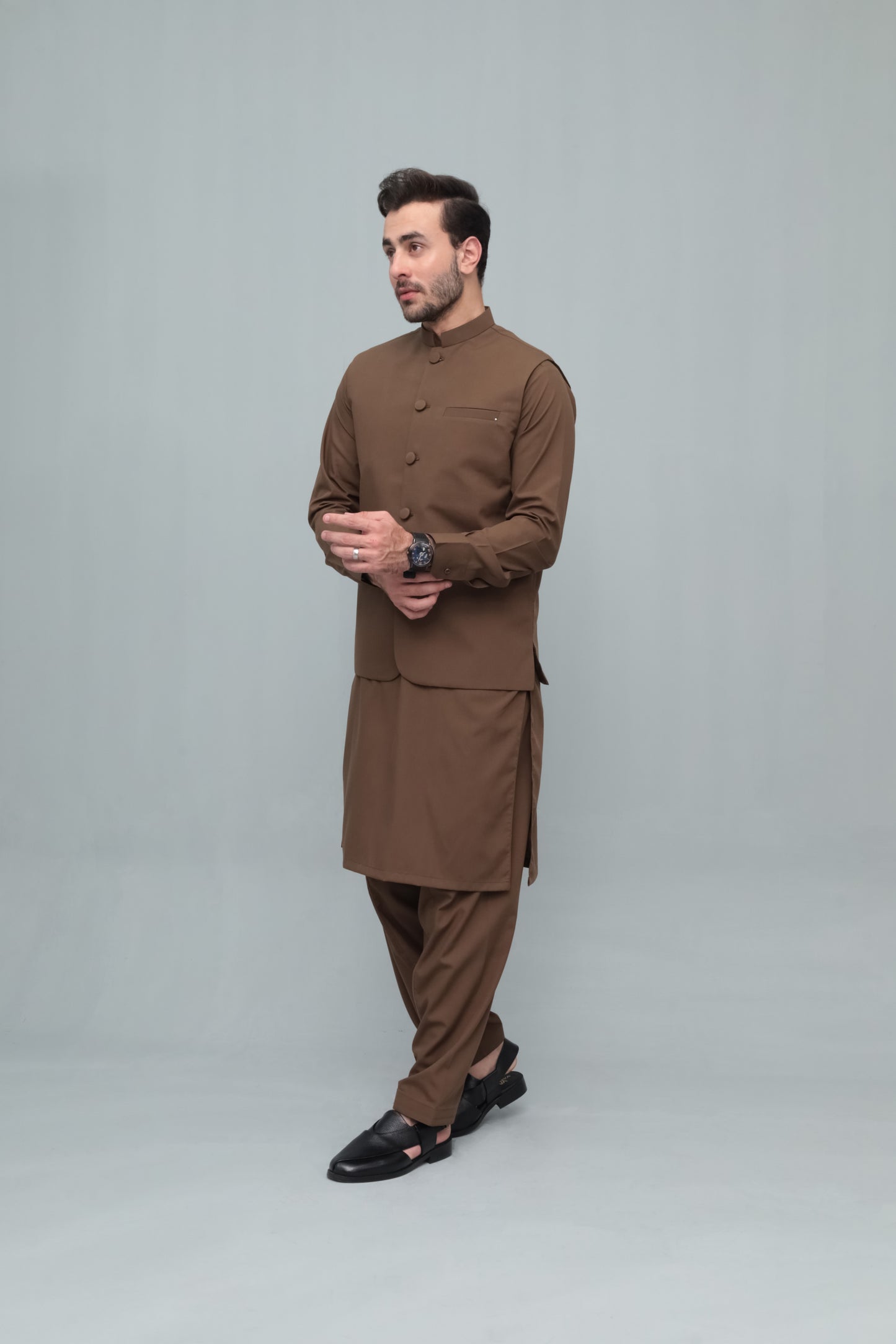 Coffee Brown With Blended Waistcoat - Round Cut & Matching Fabric Buttons - Men
