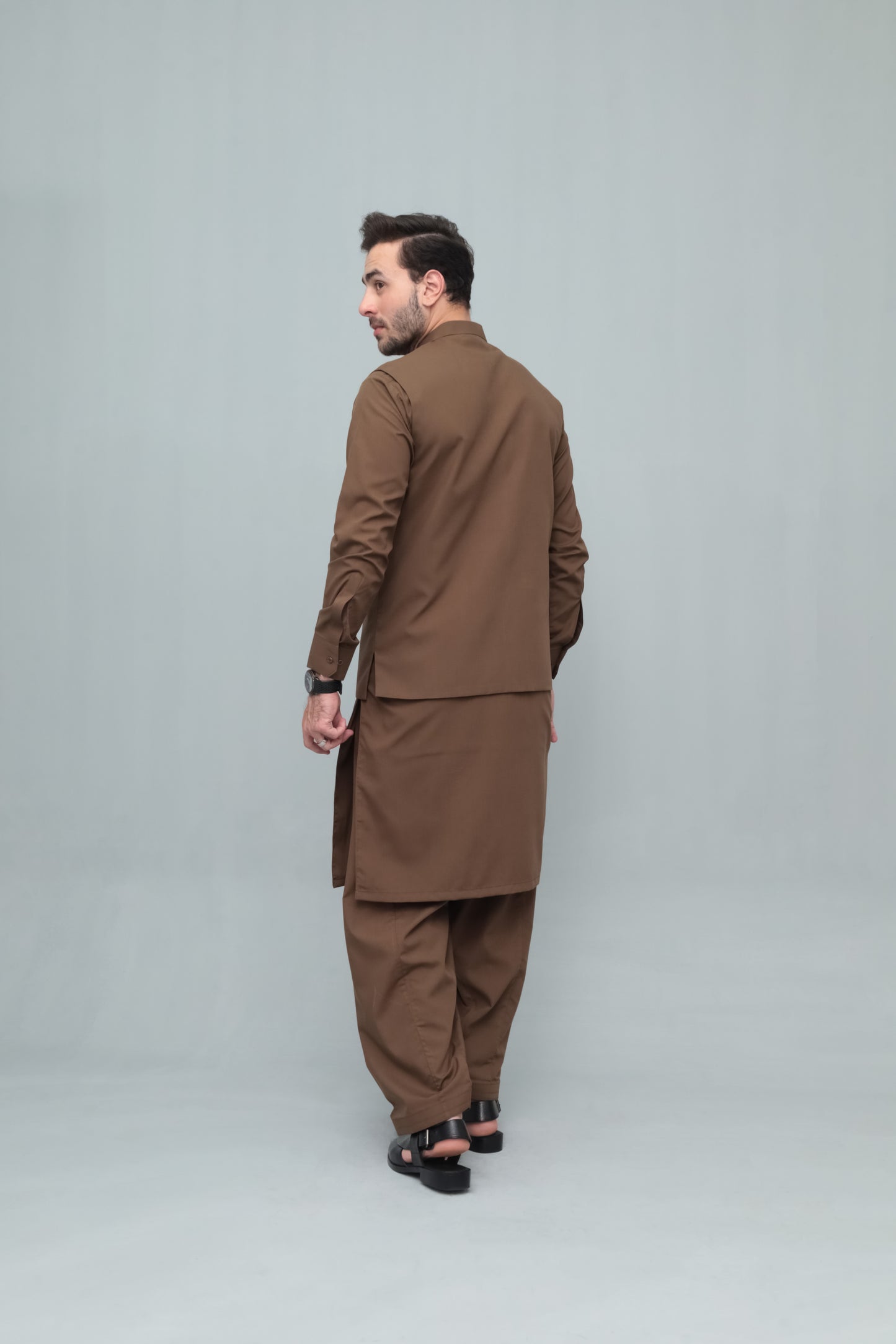 Coffee Brown With Blended Waistcoat - Round Cut & Matching Fabric Buttons - Men