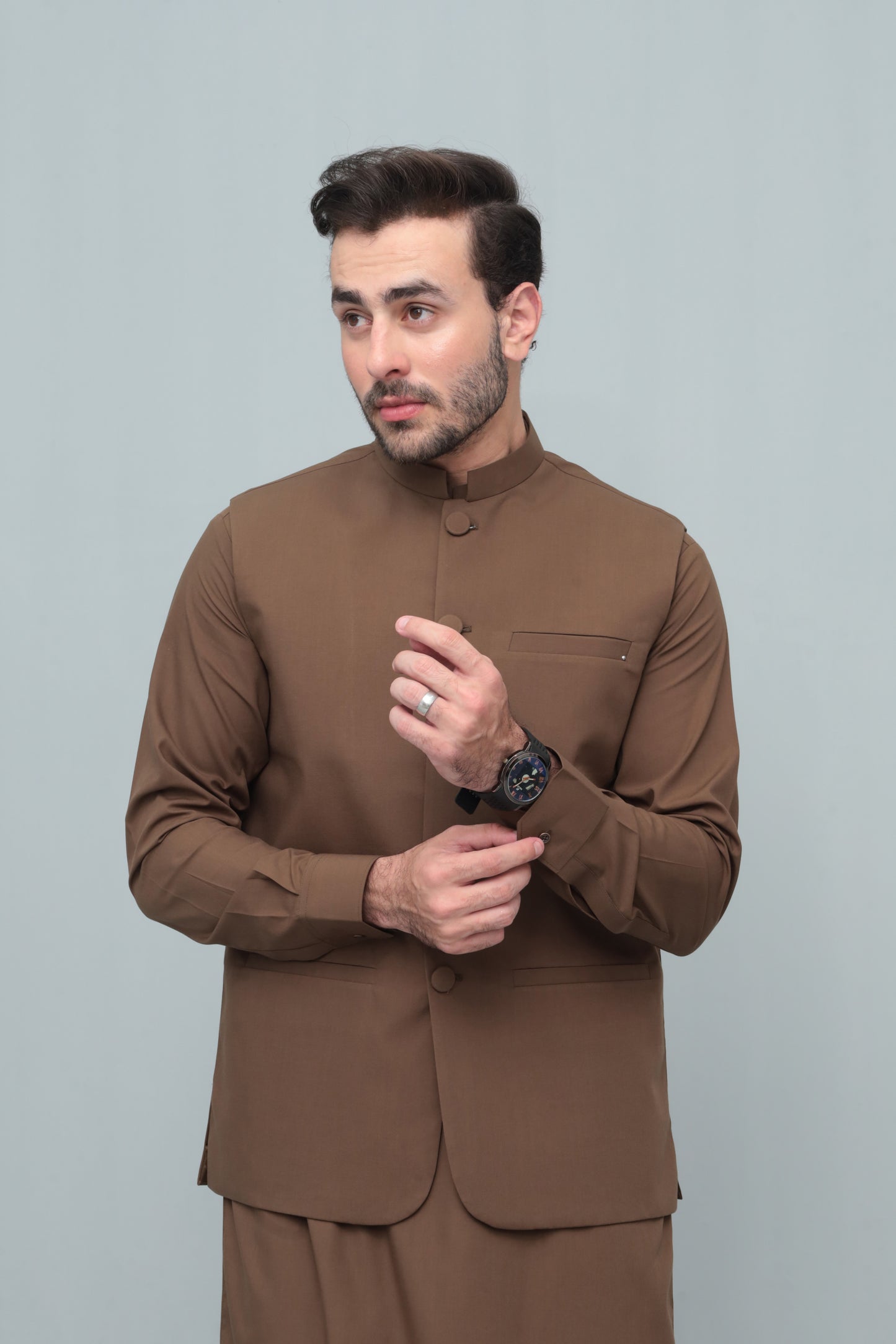 Coffee Brown With Blended Waistcoat - Round Cut & Matching Fabric Buttons - Men