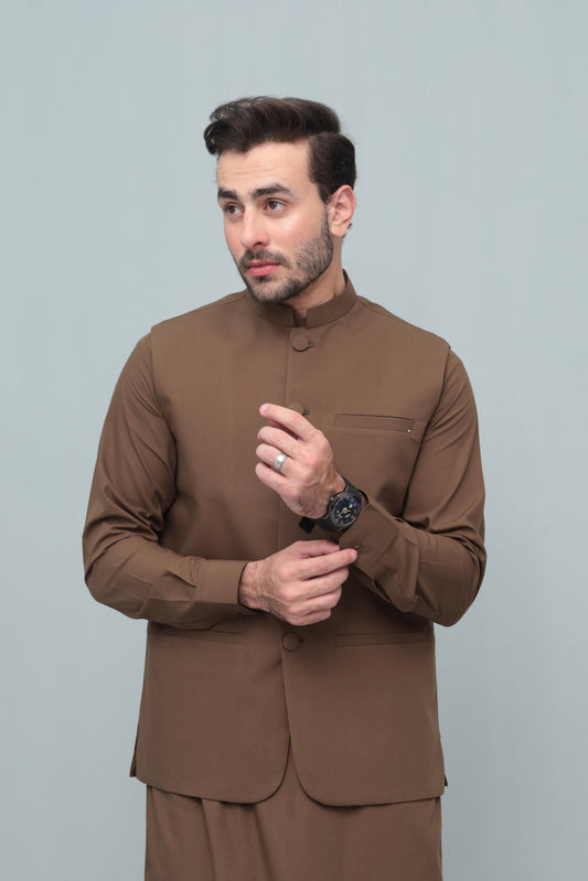 Coffee Brown Blended Waistcoat - Round Cut & Matching Fabric Buttons - Men