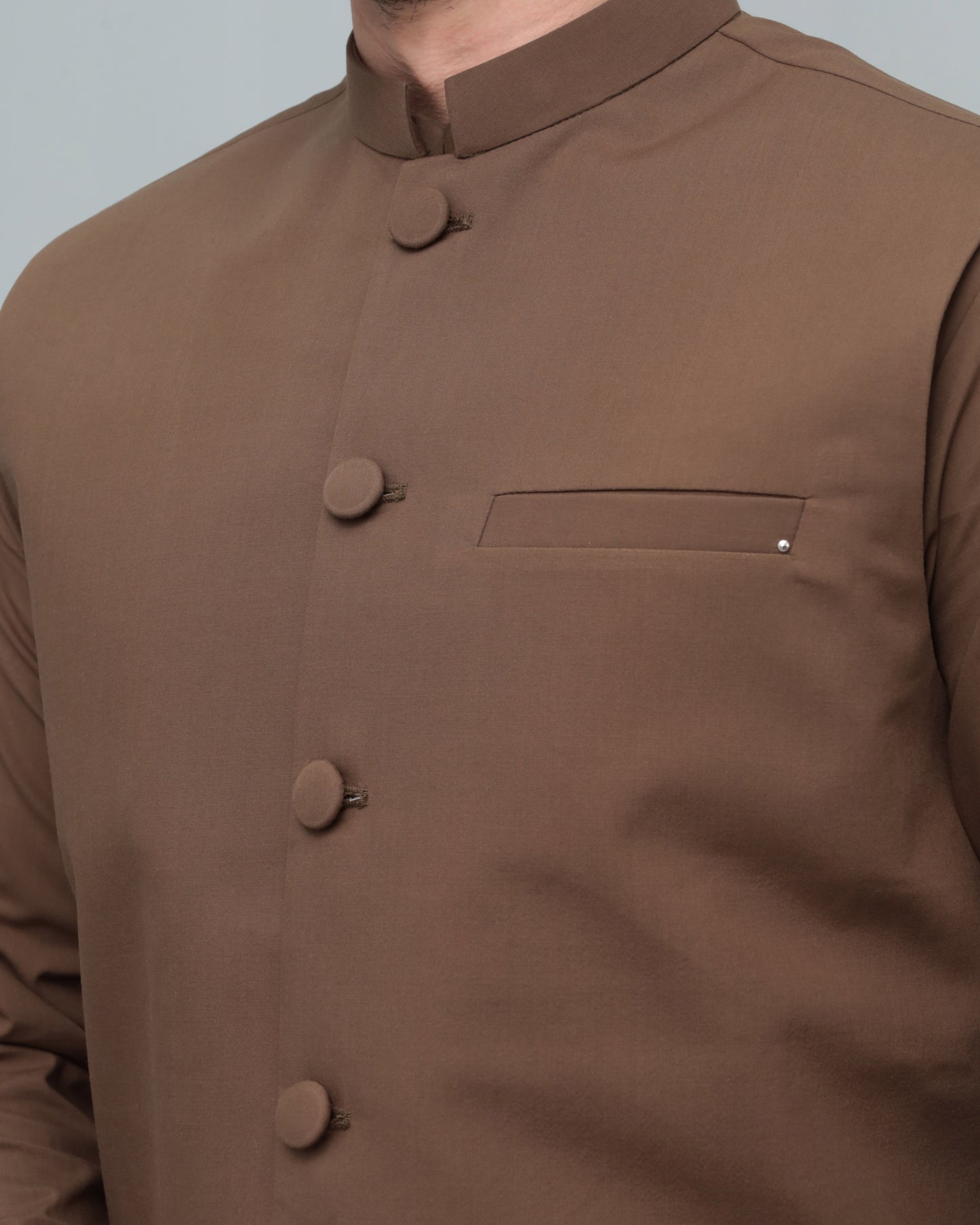 Coffee Brown Blended Waistcoat - Round Cut & Matching Fabric Buttons - Men