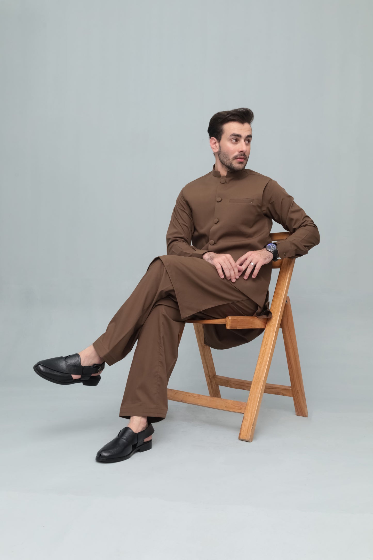 Coffee Brown With Blended Waistcoat - Round Cut & Matching Fabric Buttons - Men