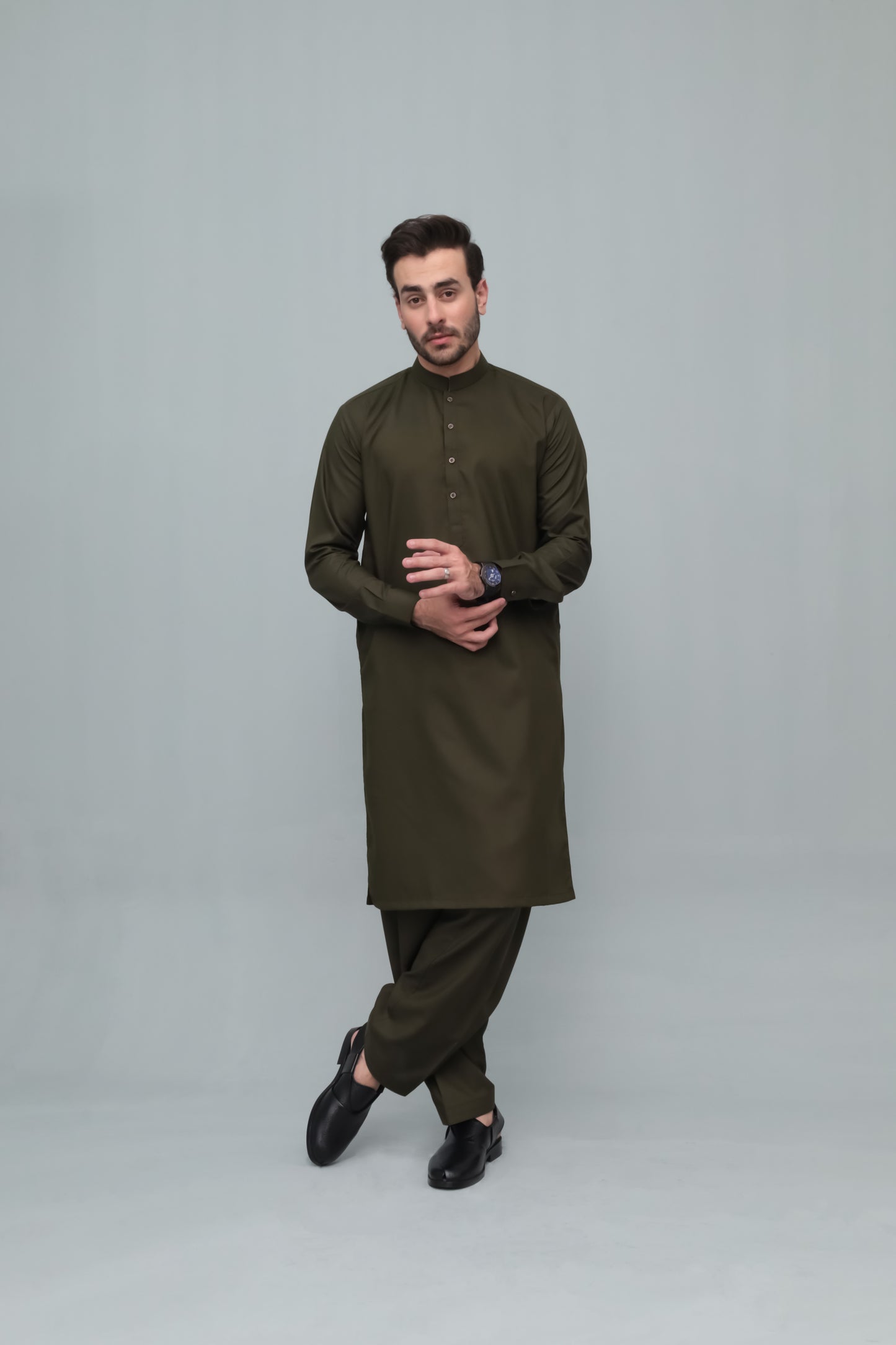 Army Green Blended Kameez Shalwar- Men
