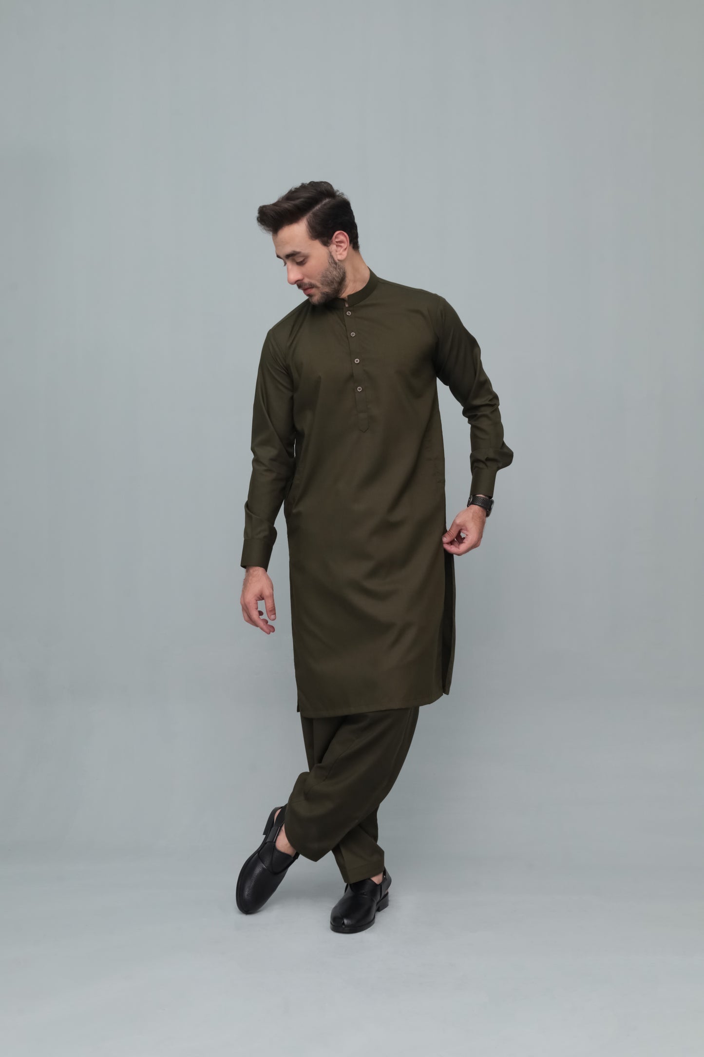 Army Green Blended Kameez Shalwar- Men