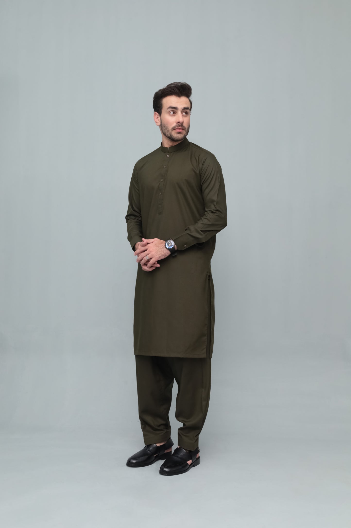 Army Green Blended Kameez Shalwar- Men