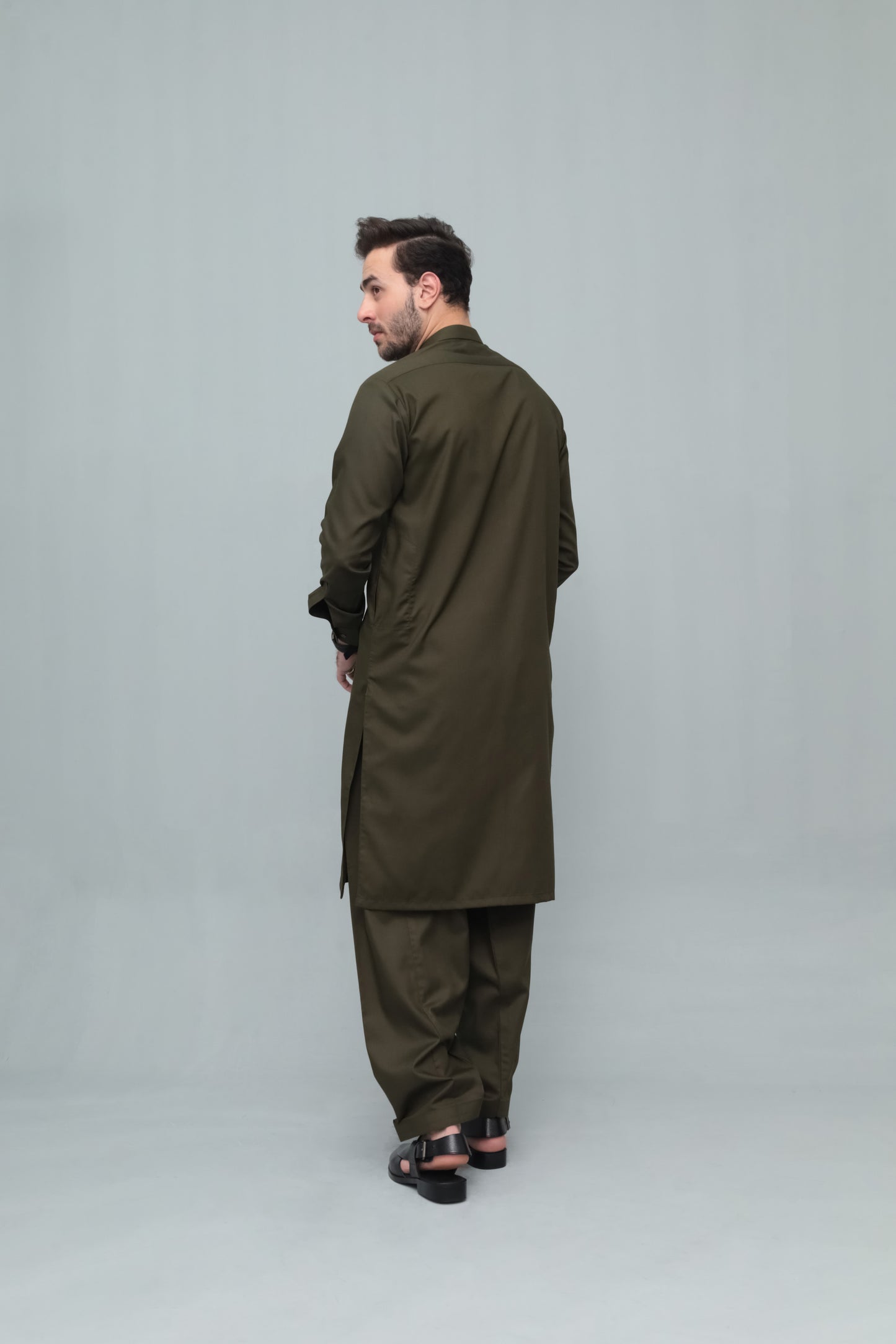 Army Green Blended Kameez Shalwar- Men