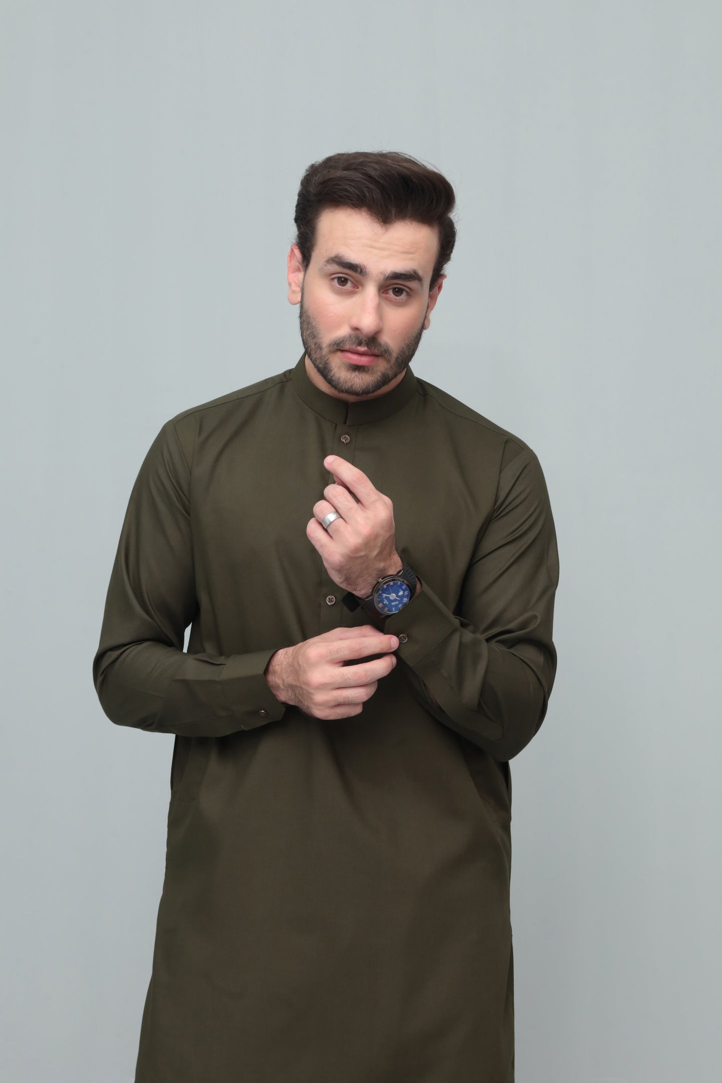 Army Green Blended Kameez Shalwar- Men
