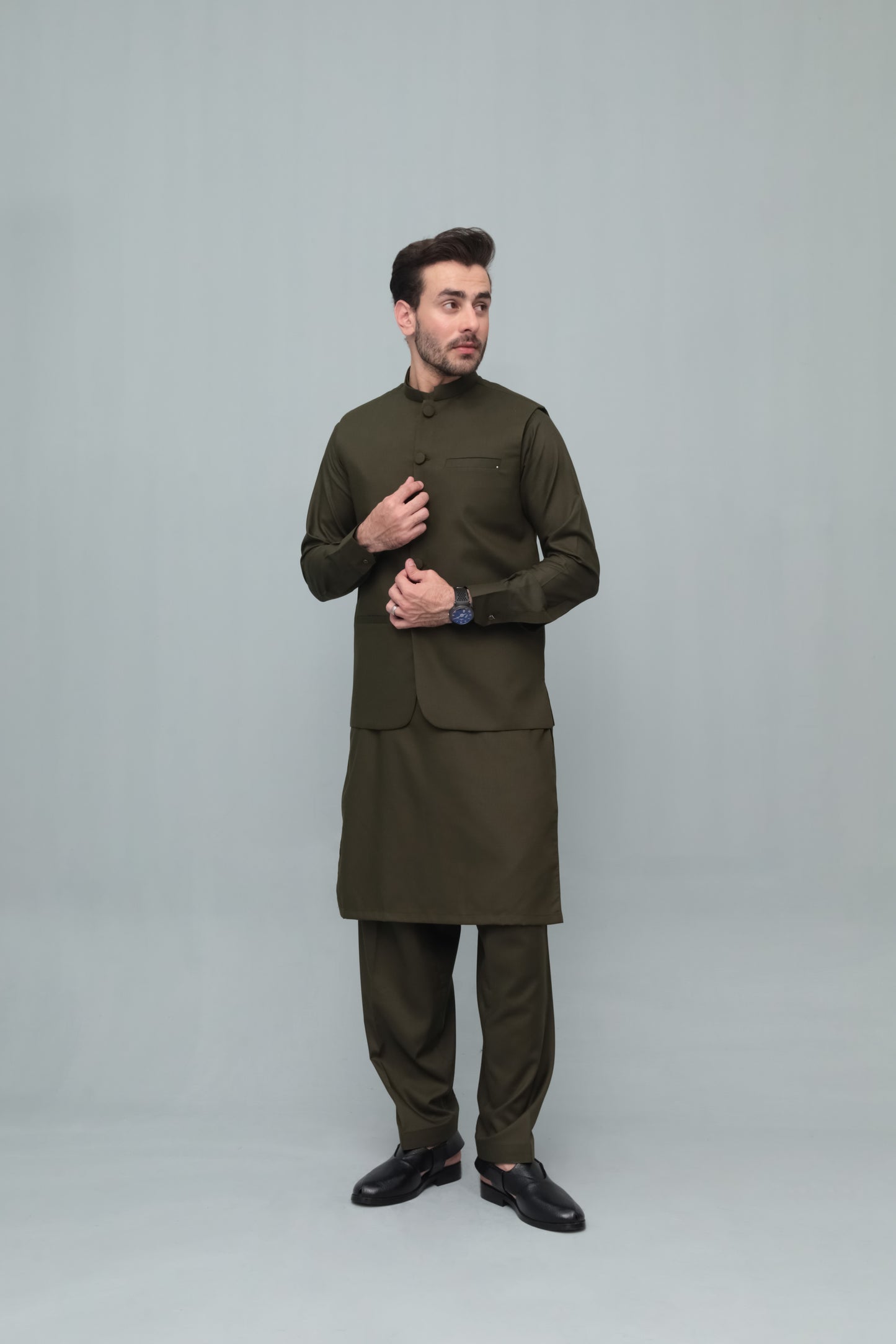 Army Green With Blended Waistcoat - Round Cut & Matching Fabric Buttons - Men