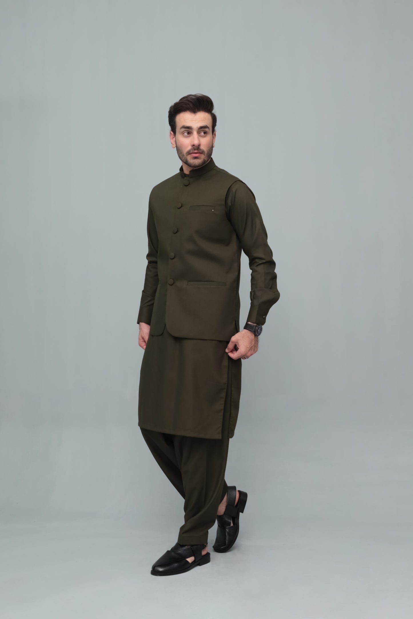 Army Green With Blended Waistcoat - Round Cut & Matching Fabric Buttons - Men