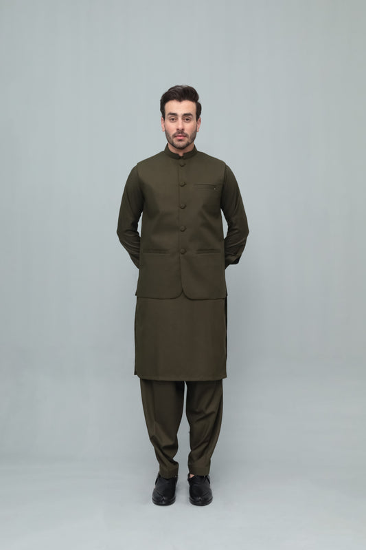 Army Green With Blended Waistcoat - Round Cut & Matching Fabric Buttons - Men