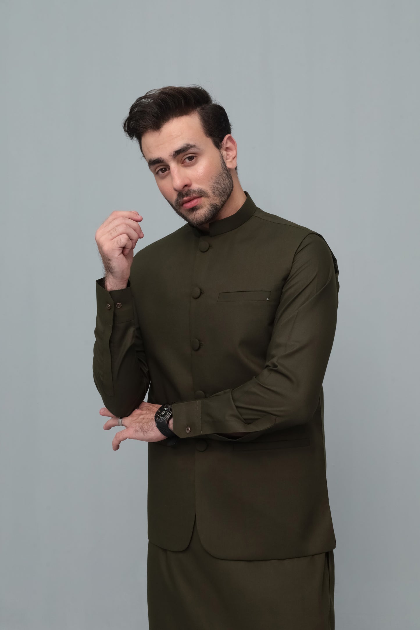 Army Green With Blended Waistcoat - Round Cut & Matching Fabric Buttons - Men