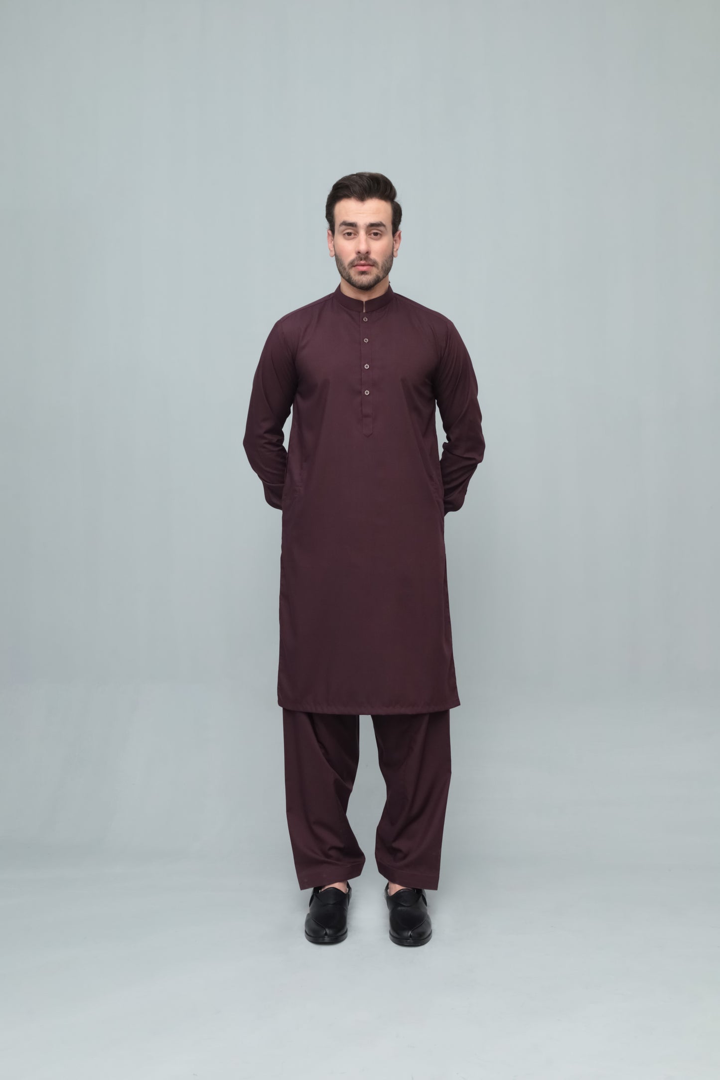 Dark Marron Blended Kameez Shalwar- Men