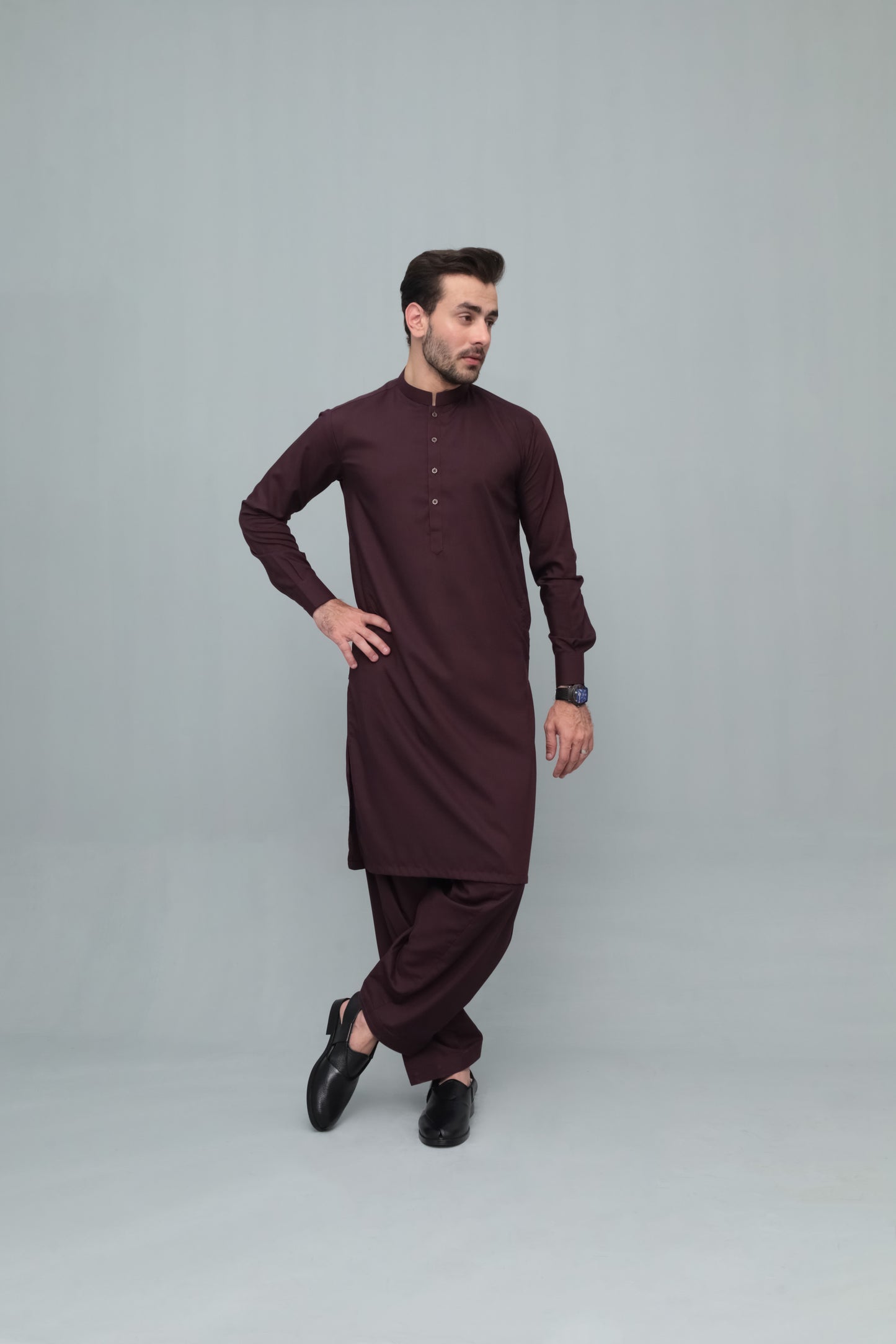 Dark Marron Blended Kameez Shalwar- Men
