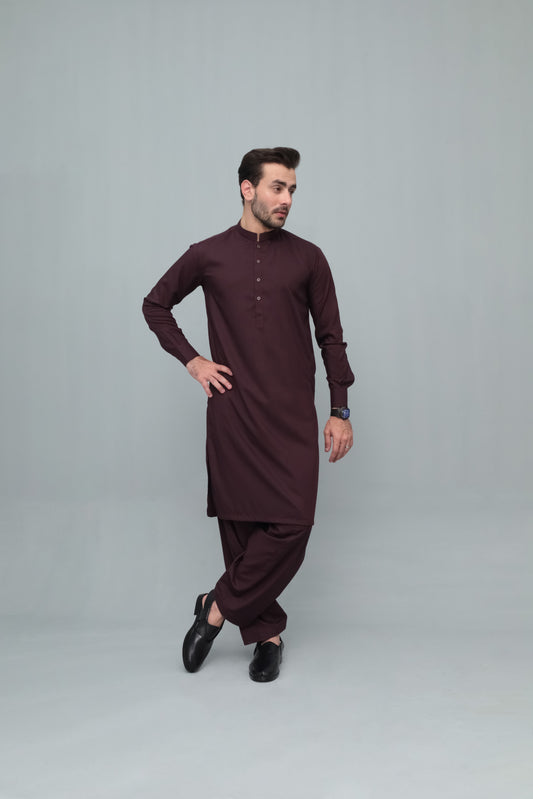 Dark Marron Blended Kameez Shalwar- Men