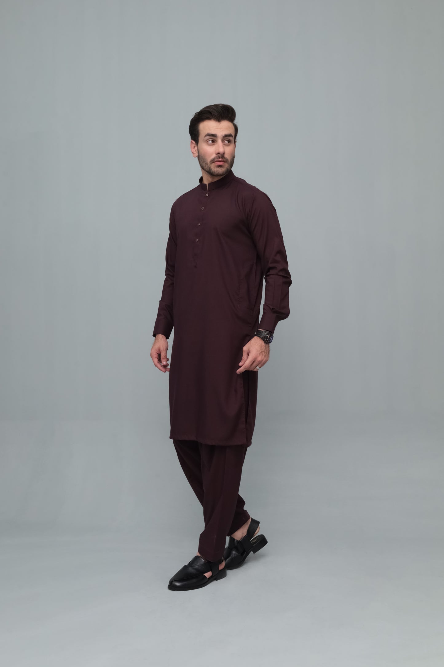 Dark Marron Blended Kameez Shalwar- Men