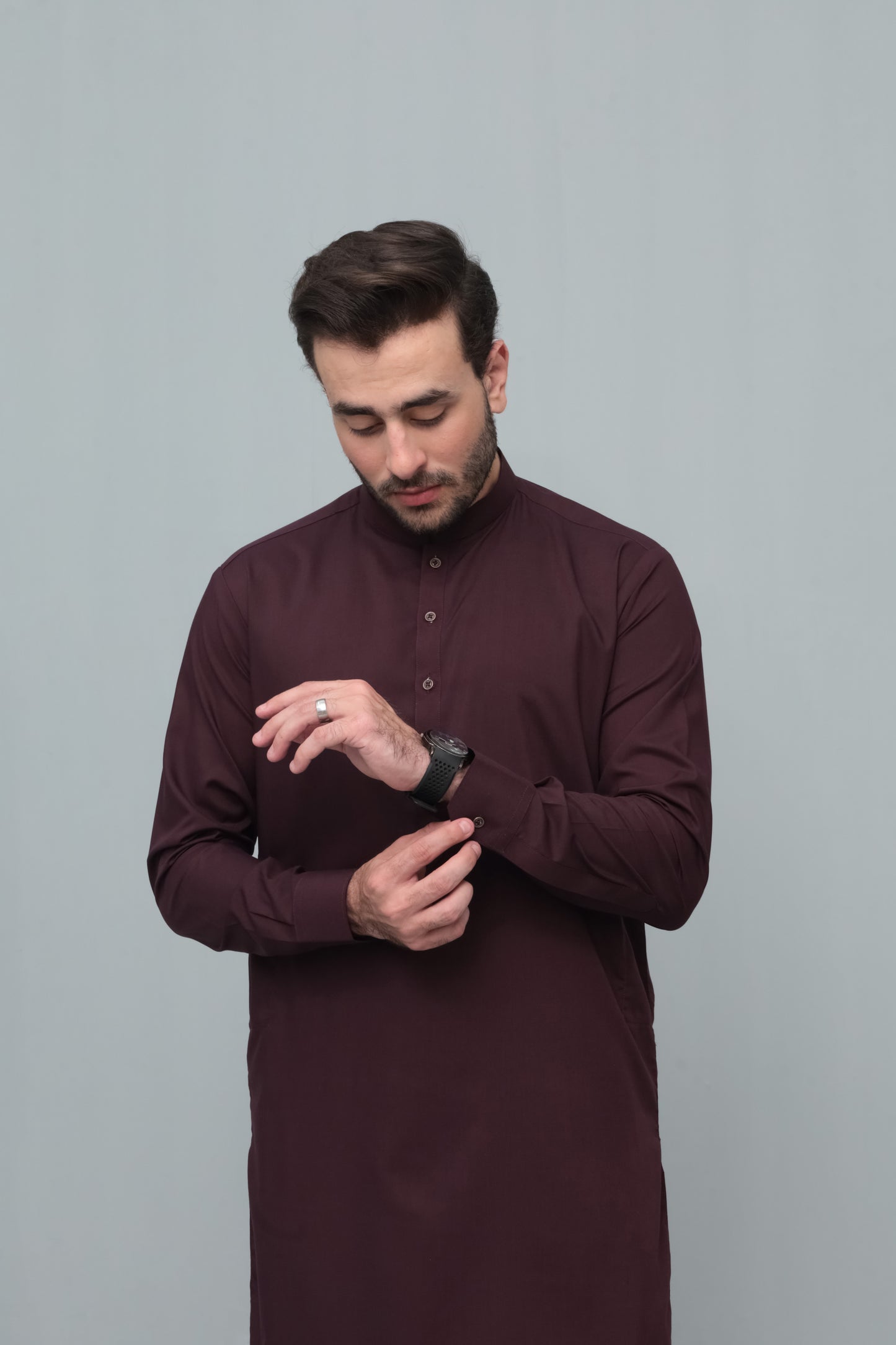 Dark Marron Blended Kameez Shalwar- Men