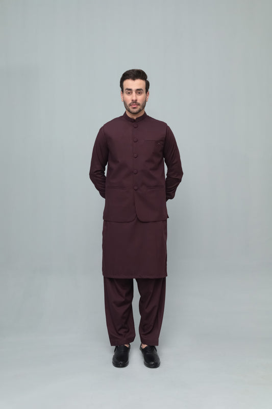 Dark Marron With Blended Waistcoat - Round Cut & Matching Fabric Buttons - Men