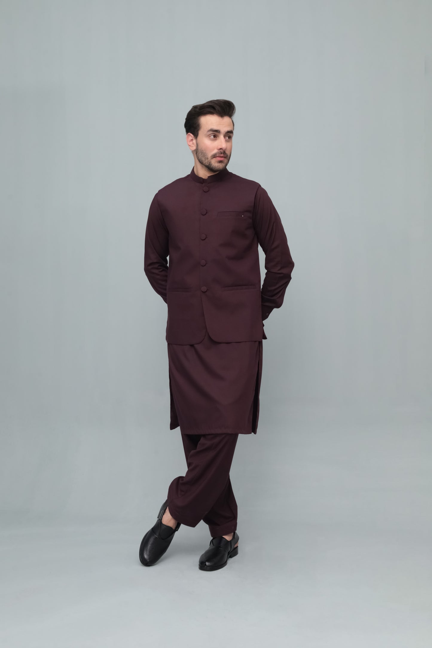 Dark Marron With Blended Waistcoat - Round Cut & Matching Fabric Buttons - Men