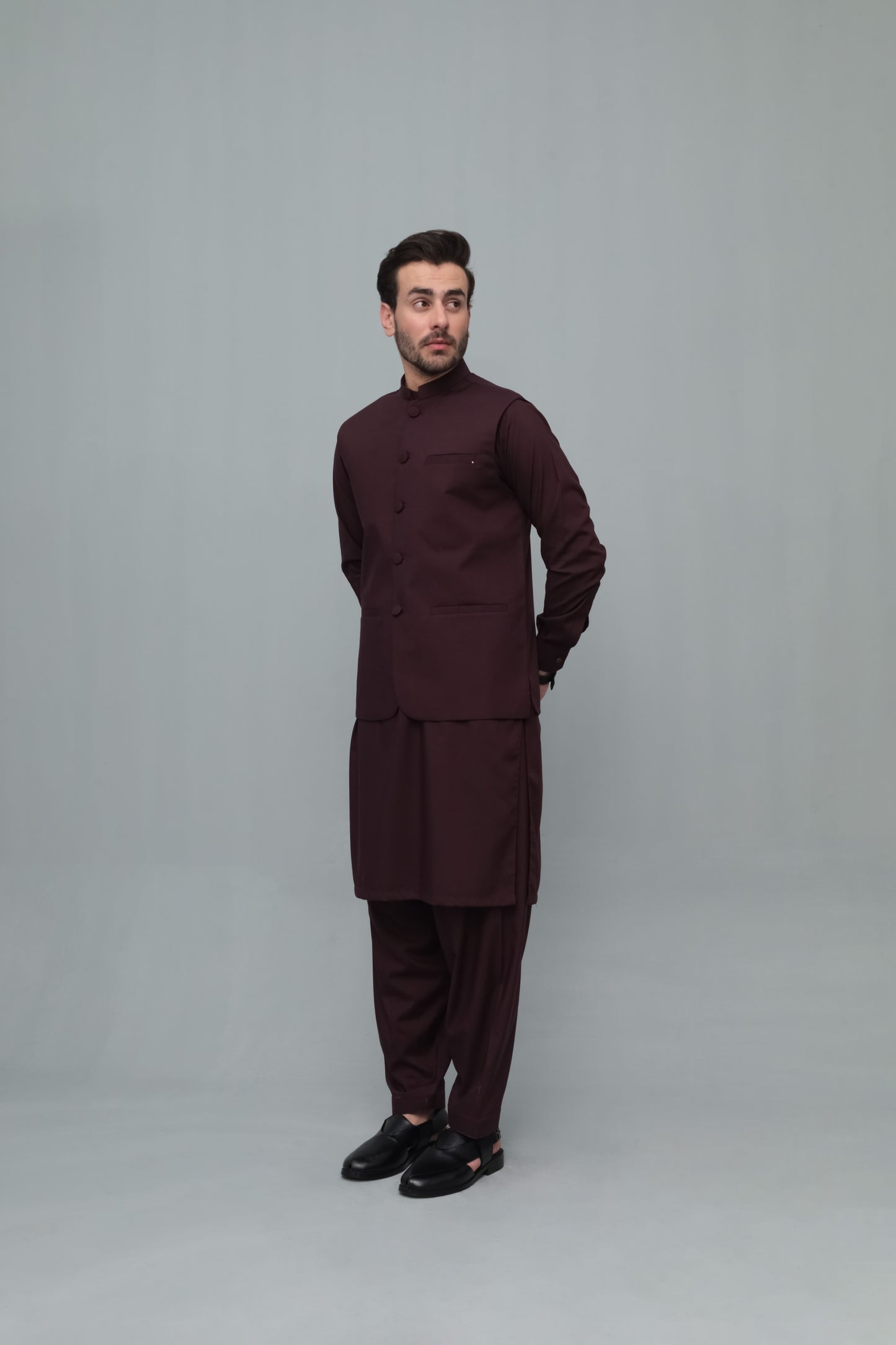 Dark Marron With Blended Waistcoat - Round Cut & Matching Fabric Buttons - Men