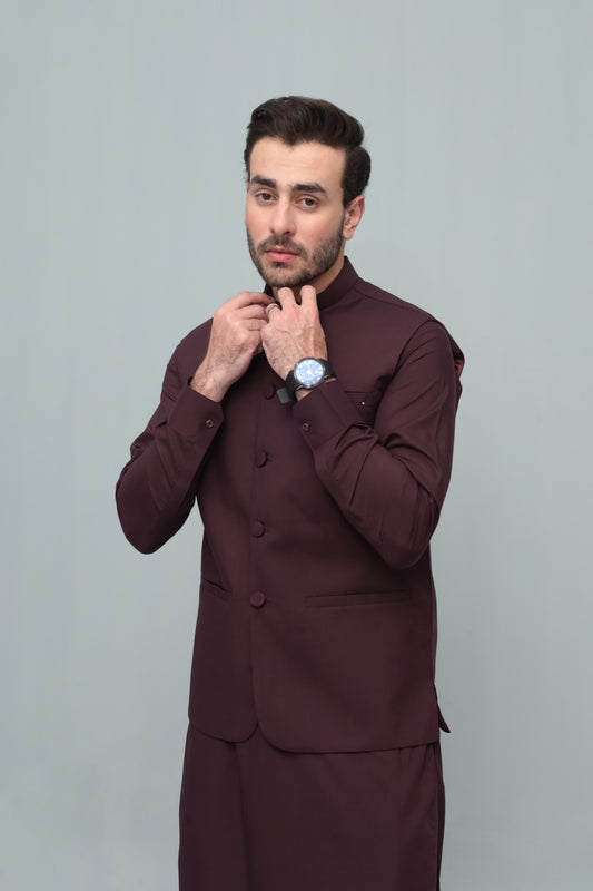 Dark Marron Blended Waistcoat - Round Cut & Matching Fabric Buttons - Men