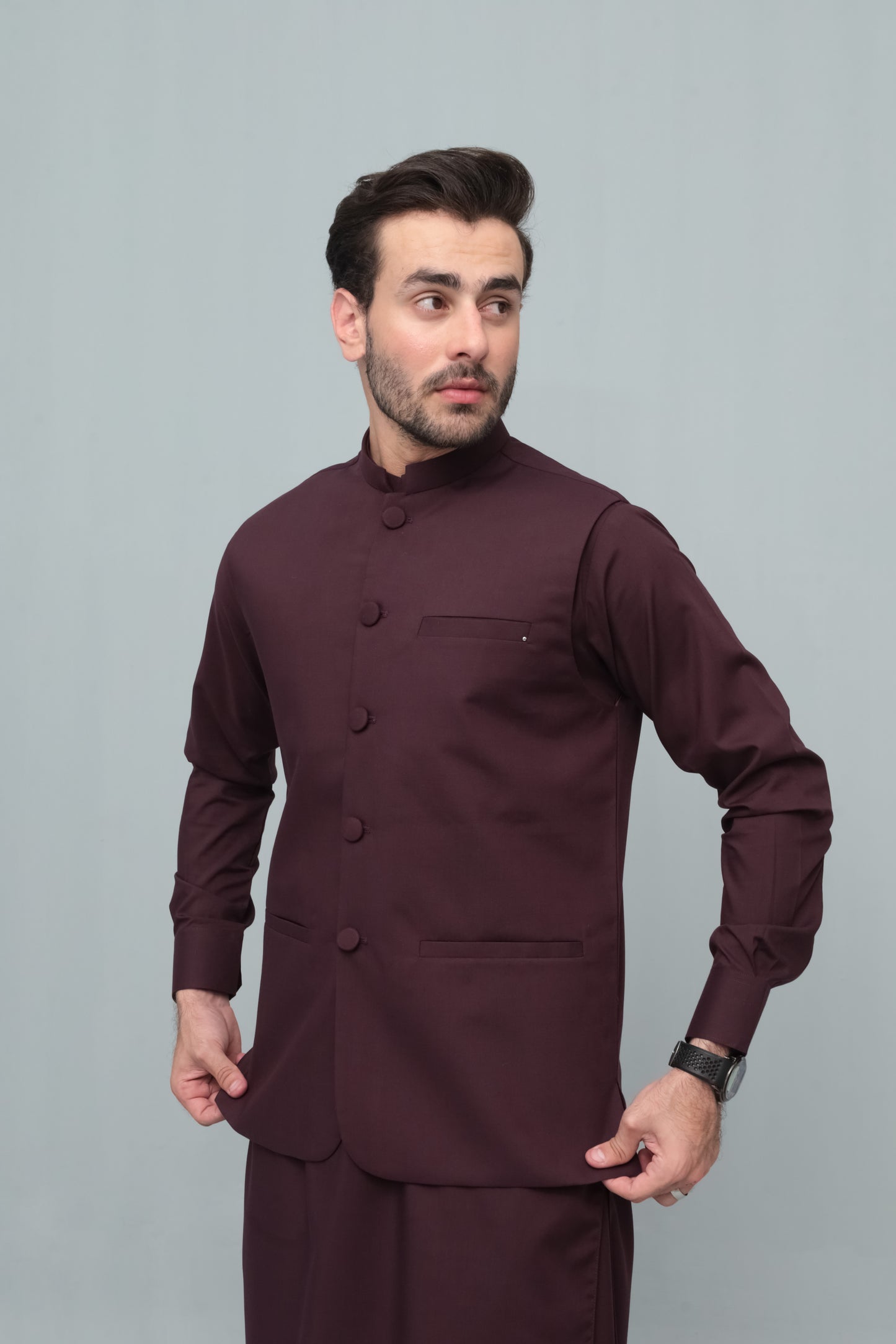 Dark Marron With Blended Waistcoat - Round Cut & Matching Fabric Buttons - Men
