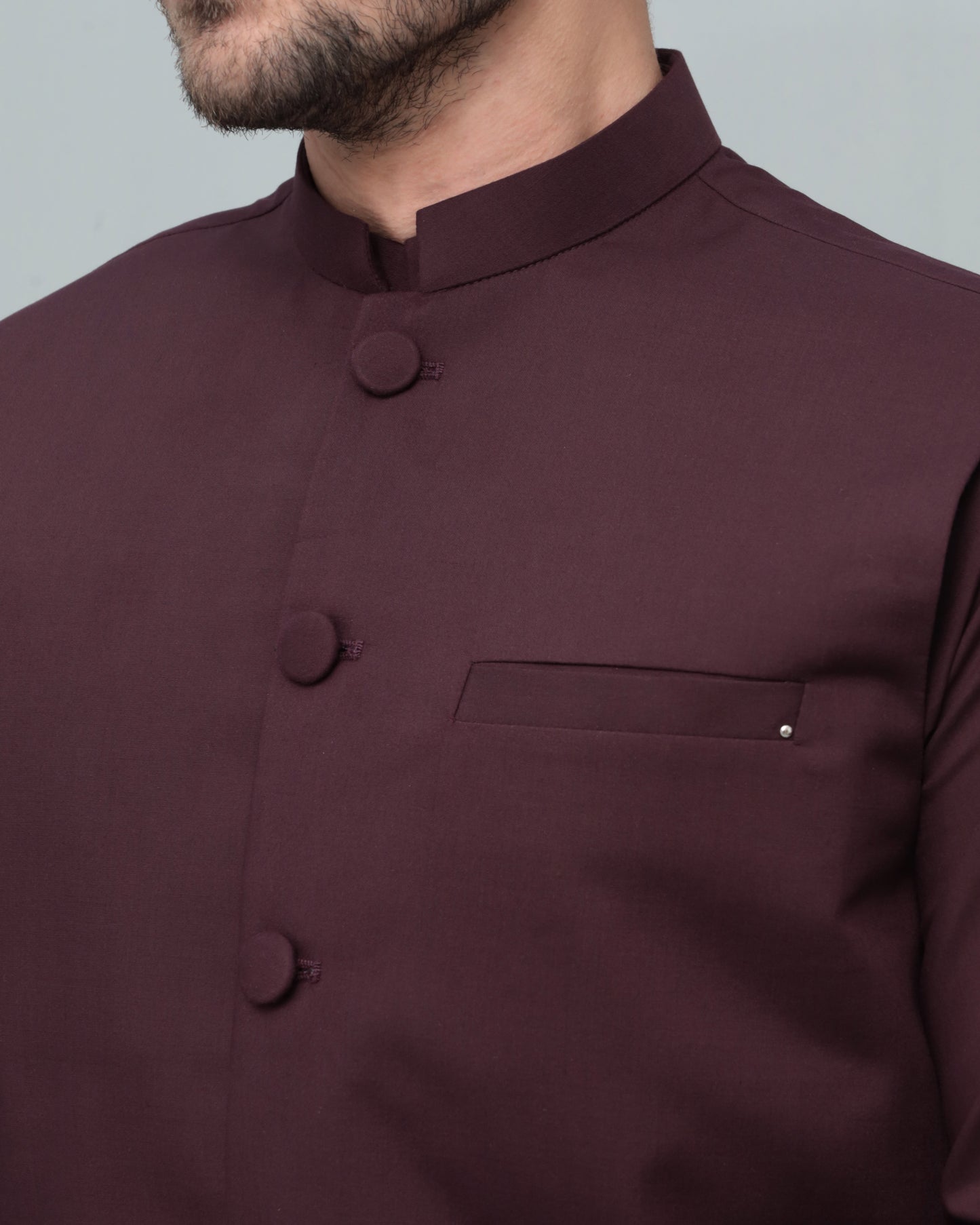 Dark Marron Blended Waistcoat - Round Cut & Matching Fabric Buttons - Men