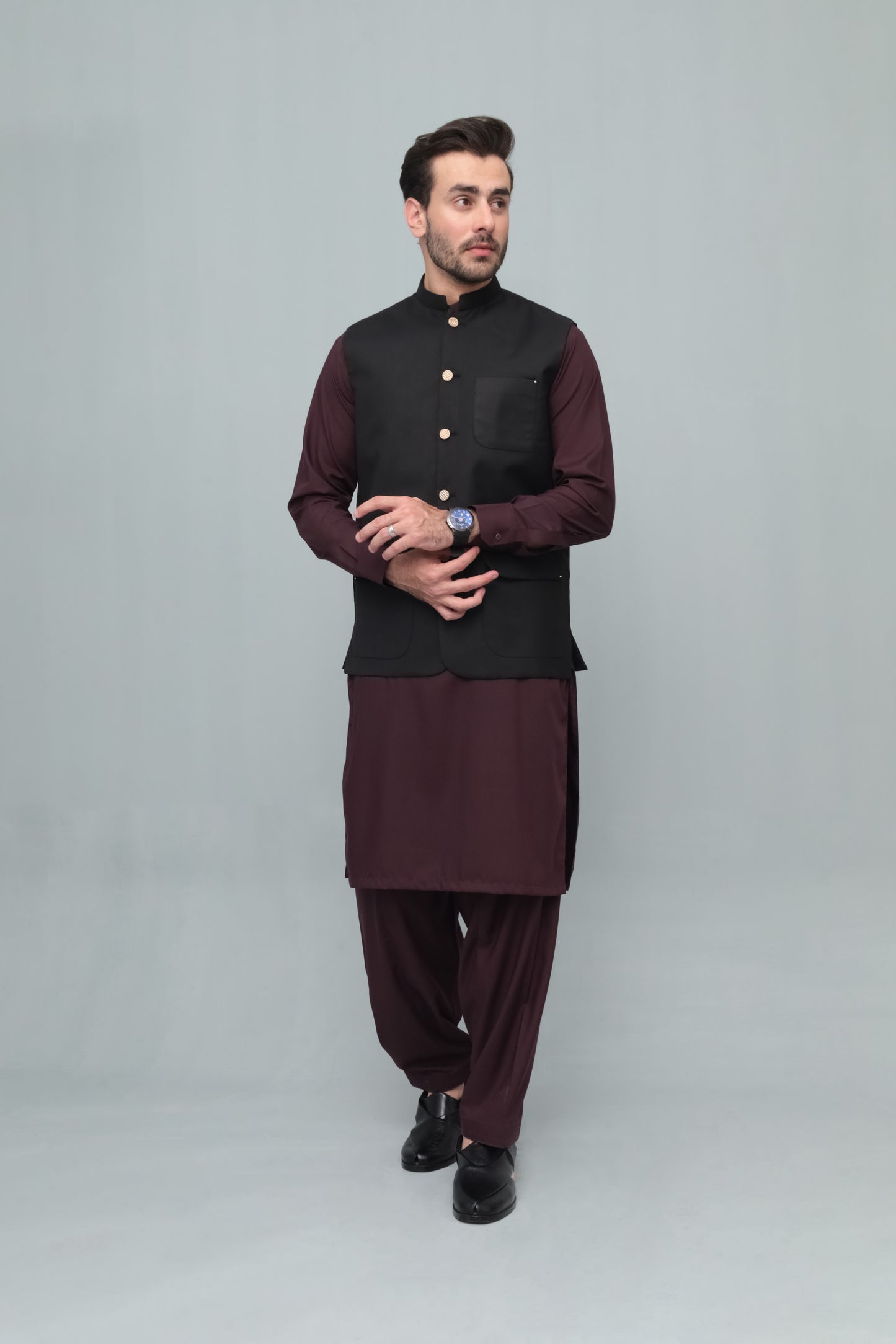 Dark Maroon Kurta Trouser with Black Suiting Waistcoat - Flap Pockets - Round Cut - Men