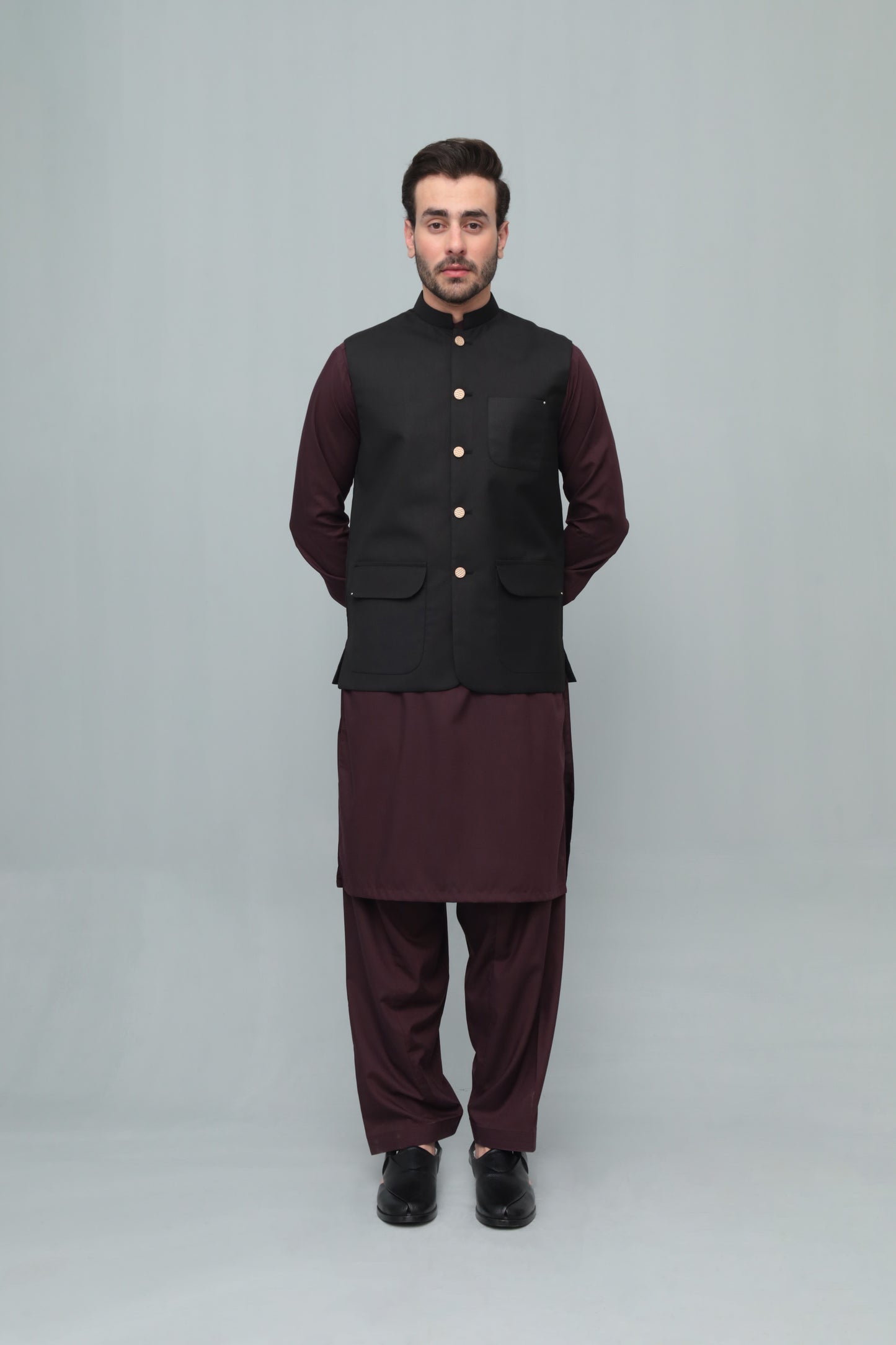 Dark Maroon Kurta Trouser with Black Suiting Waistcoat - Flap Pockets - Round Cut - Men
