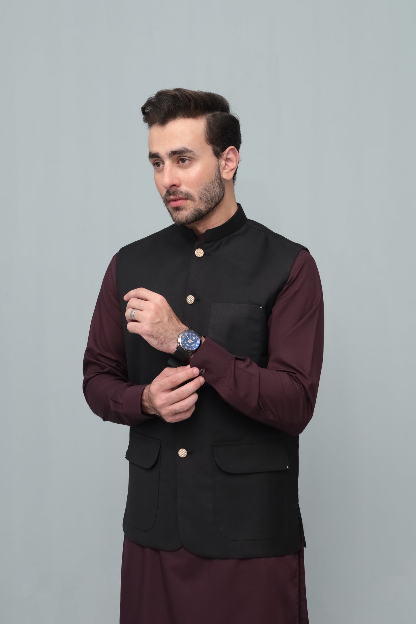 Dark Maroon Kurta Trouser with Black Suiting Waistcoat - Flap Pockets - Round Cut - Men