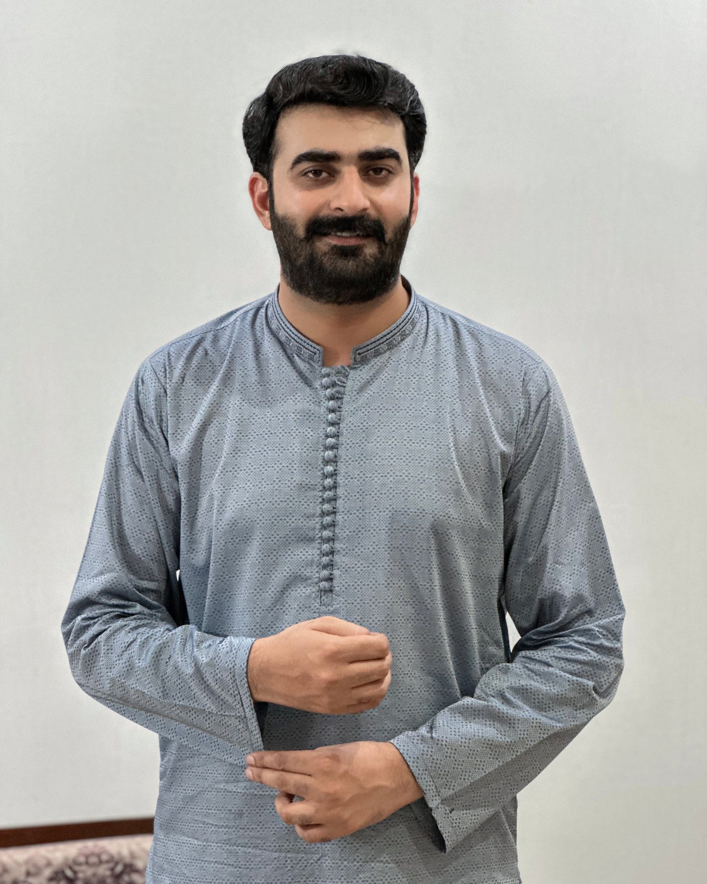 Gray Cotton Kurta Trouser With Embroidered Collar - Stitched